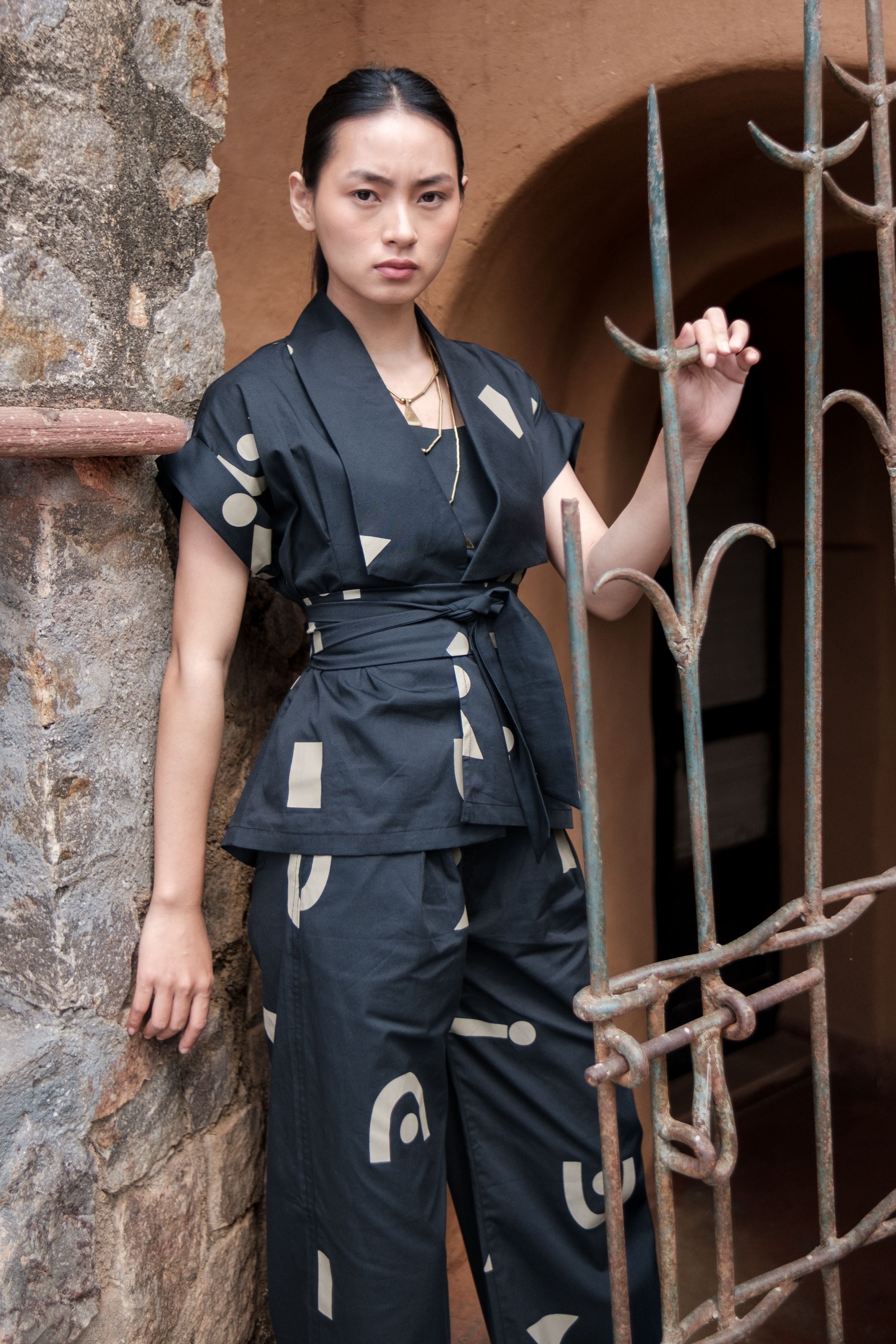 Black Line Printed Berlin Shawl collar Top