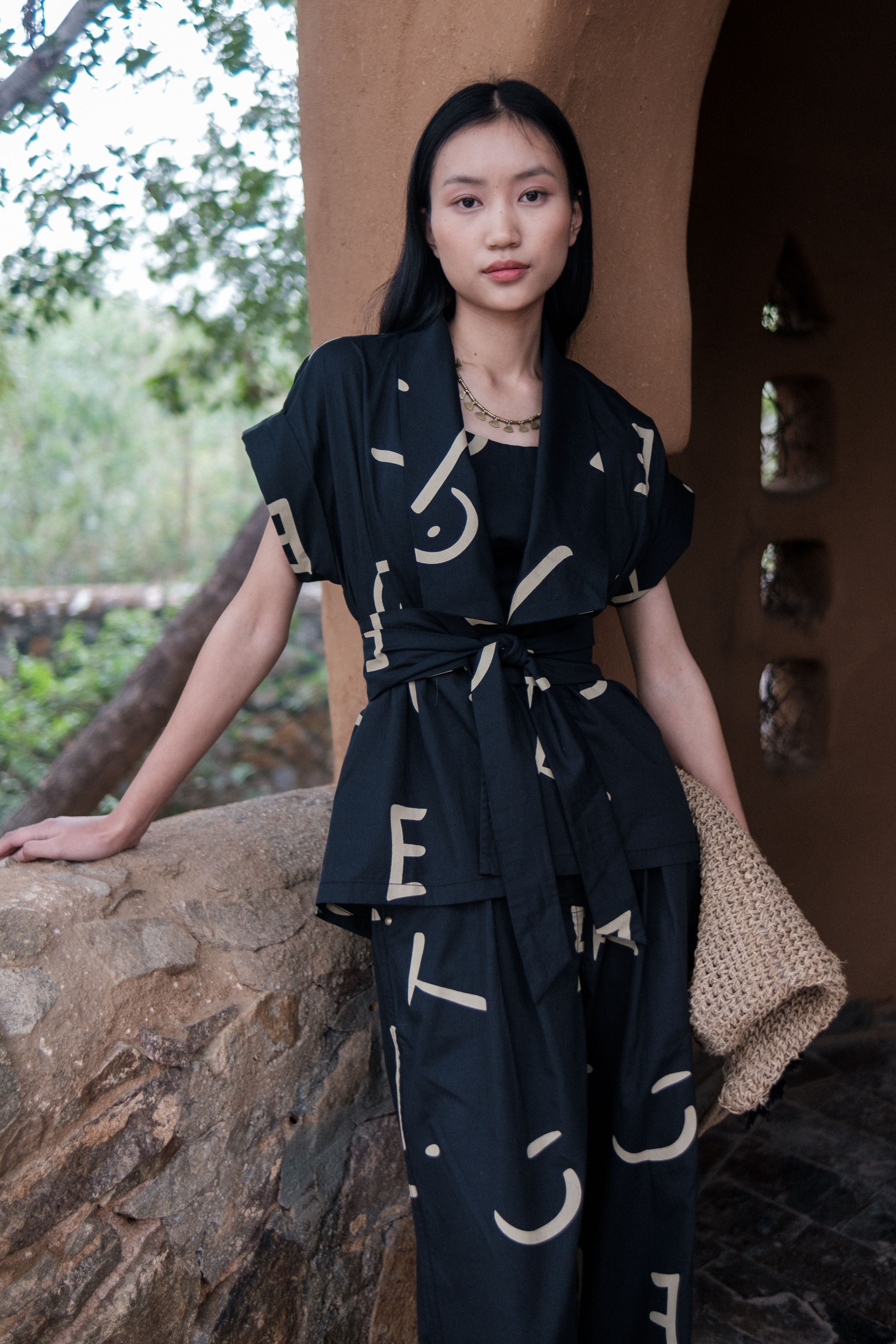 Black Line Printed Berlin Shawl collar Top