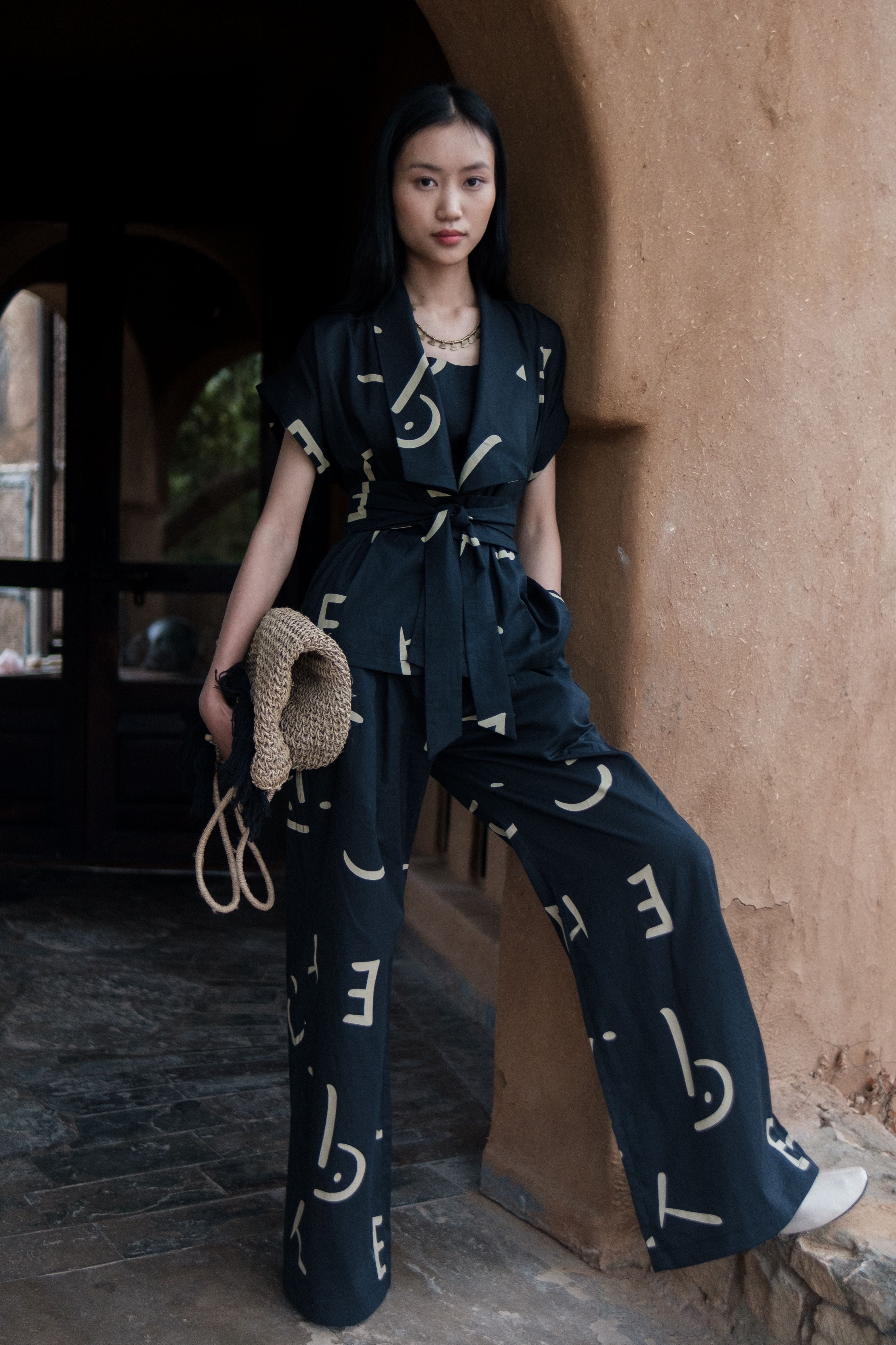 Black Line Printed Berlin Shawl collar Top