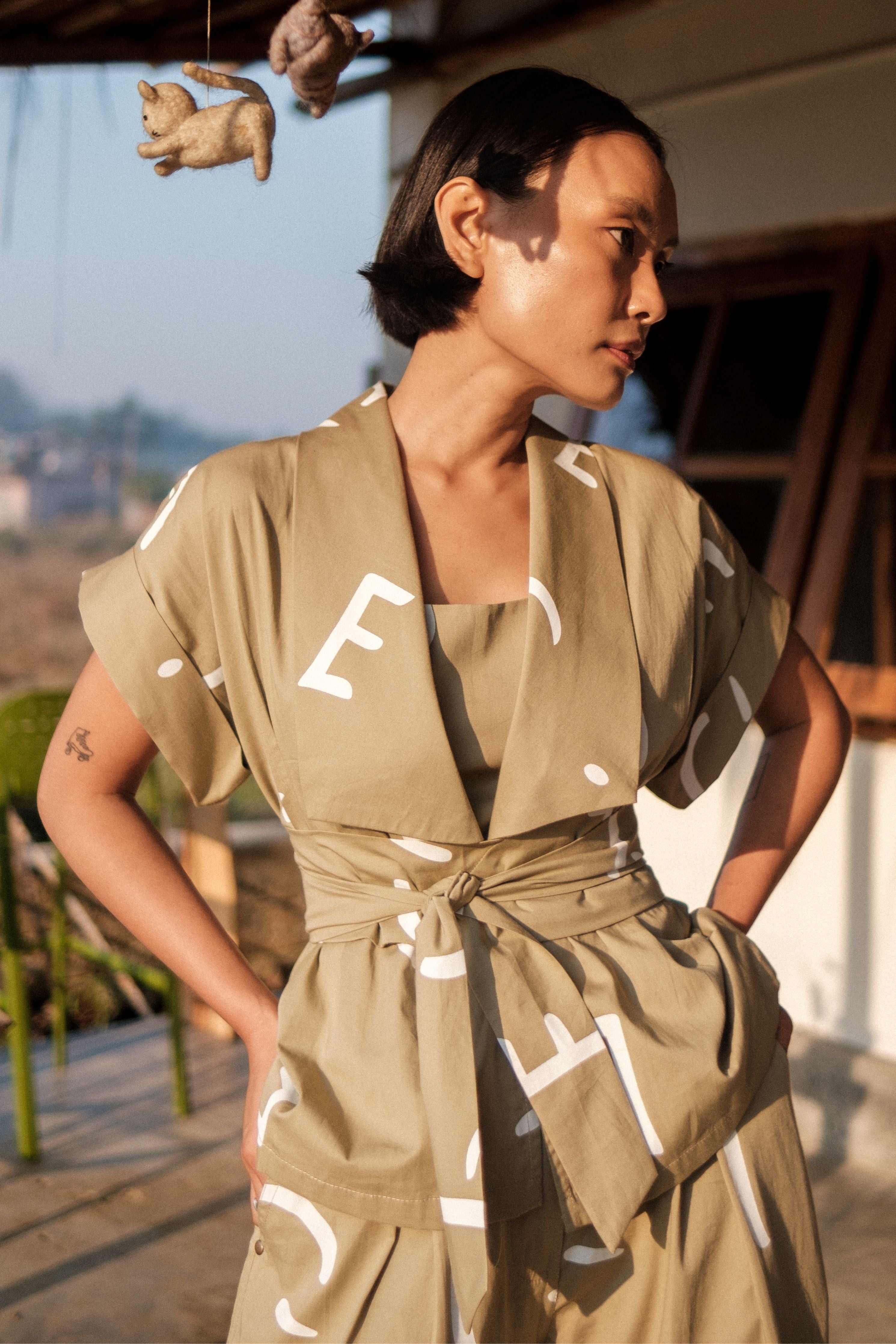 Khaki Line Printed Berlin Shawl collar Top