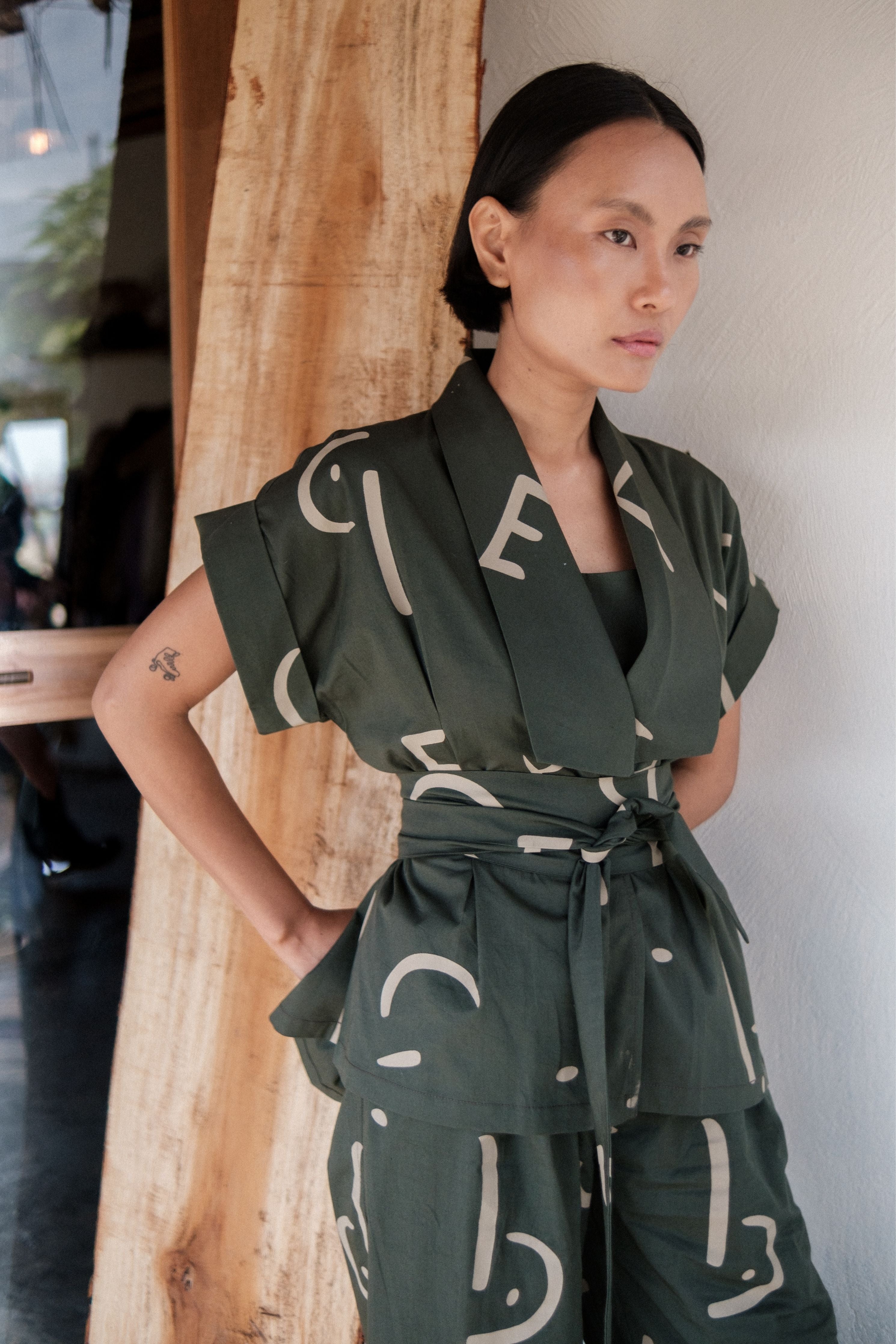 Green Line Printed Berlin Shawl collar Top