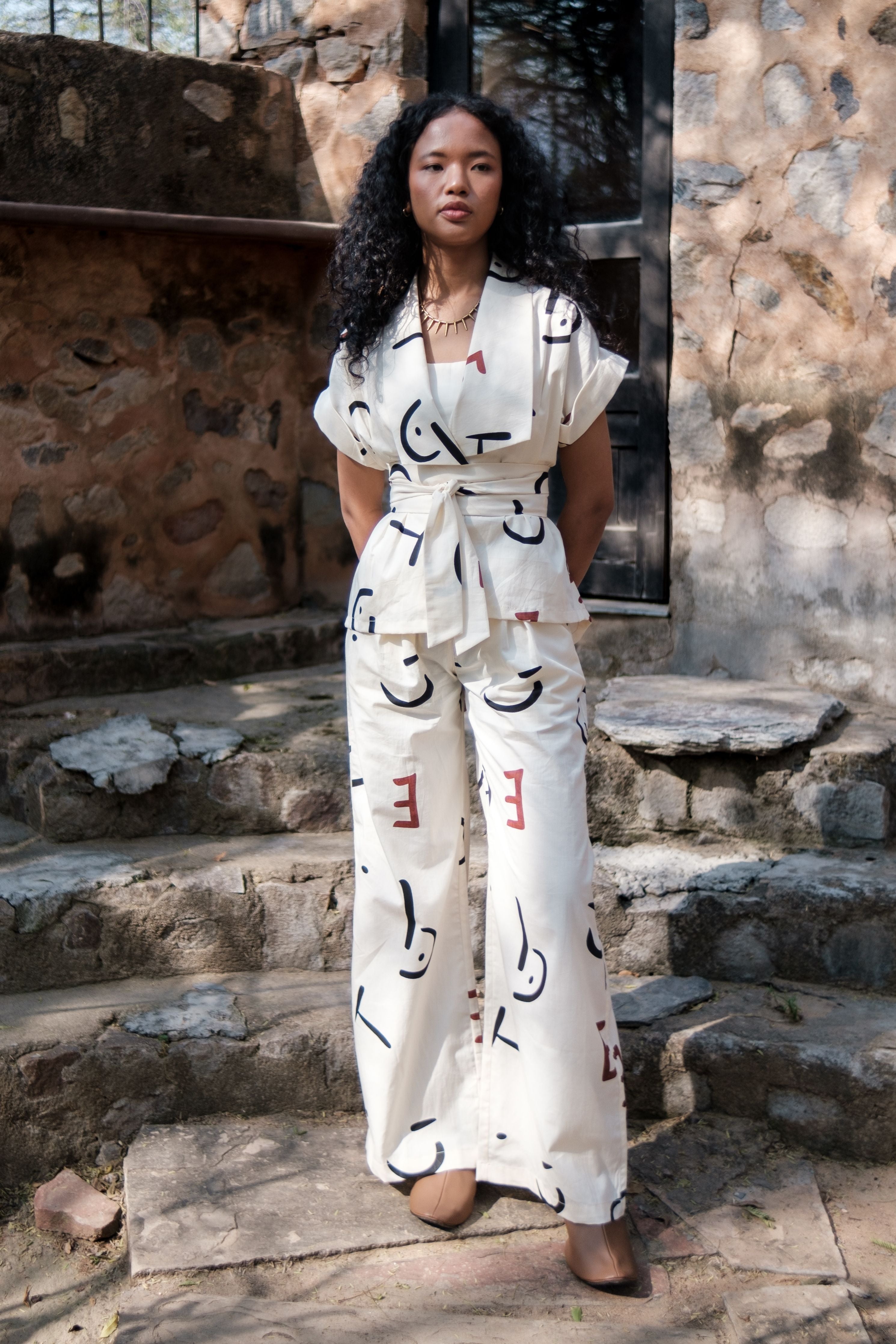 Ecru Line Printed Berlin Shawl collar Top