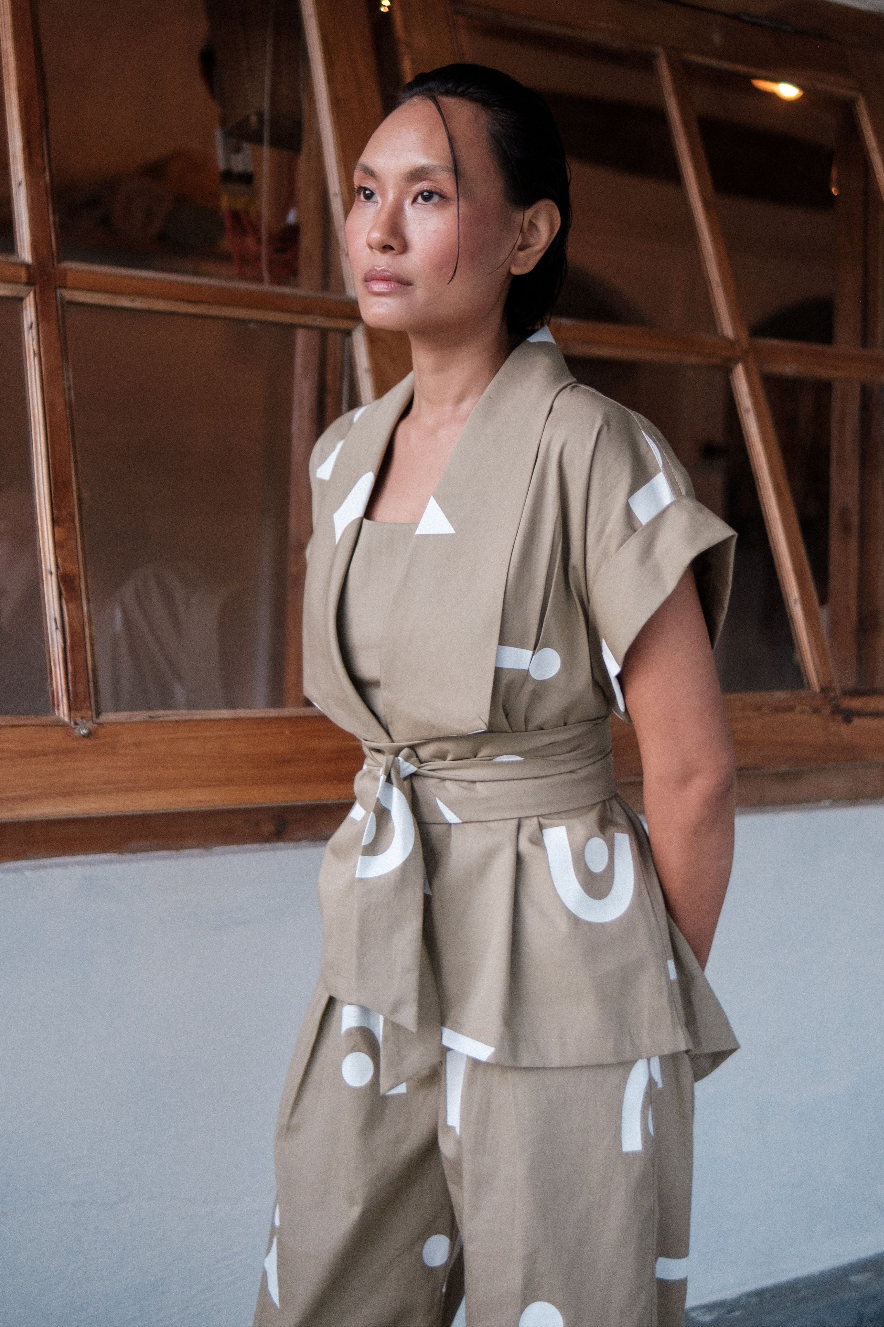 Khaki Trigular Print Berlin Shawl collar Top