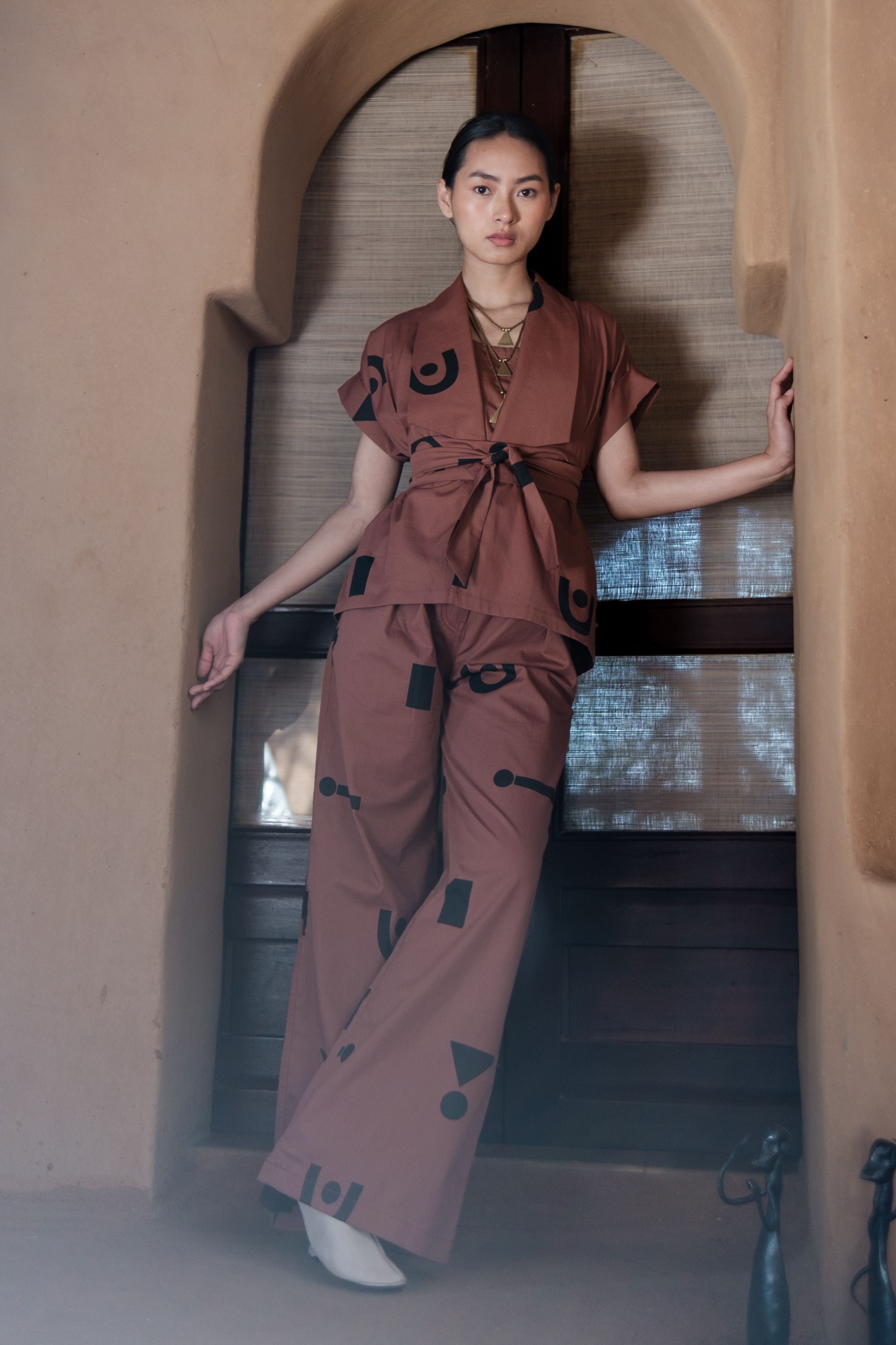 Copper Trigular Print Berlin Shawl collar Top