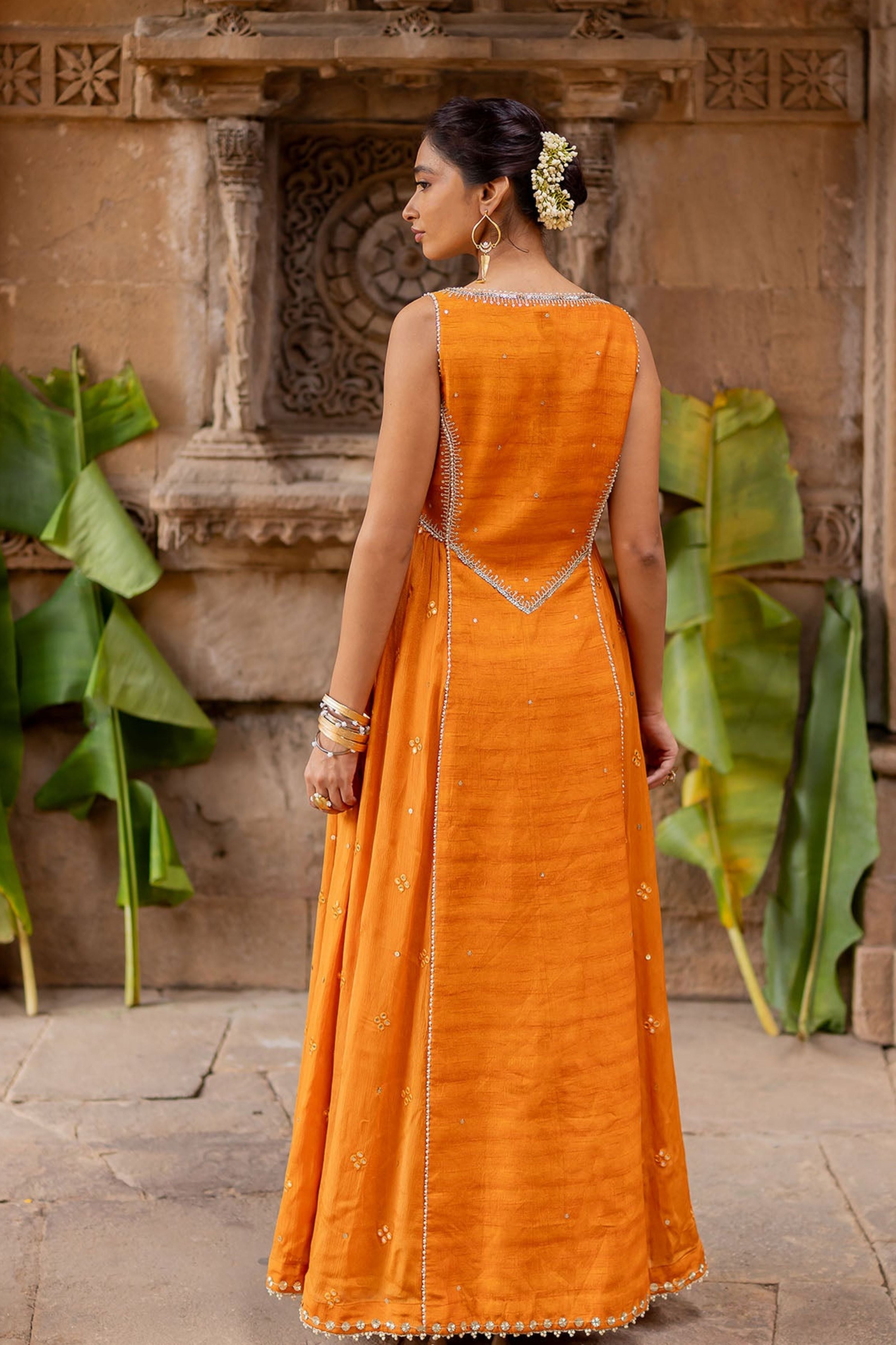 Tangerine Silk Embroidered Jacket Anarkali Set