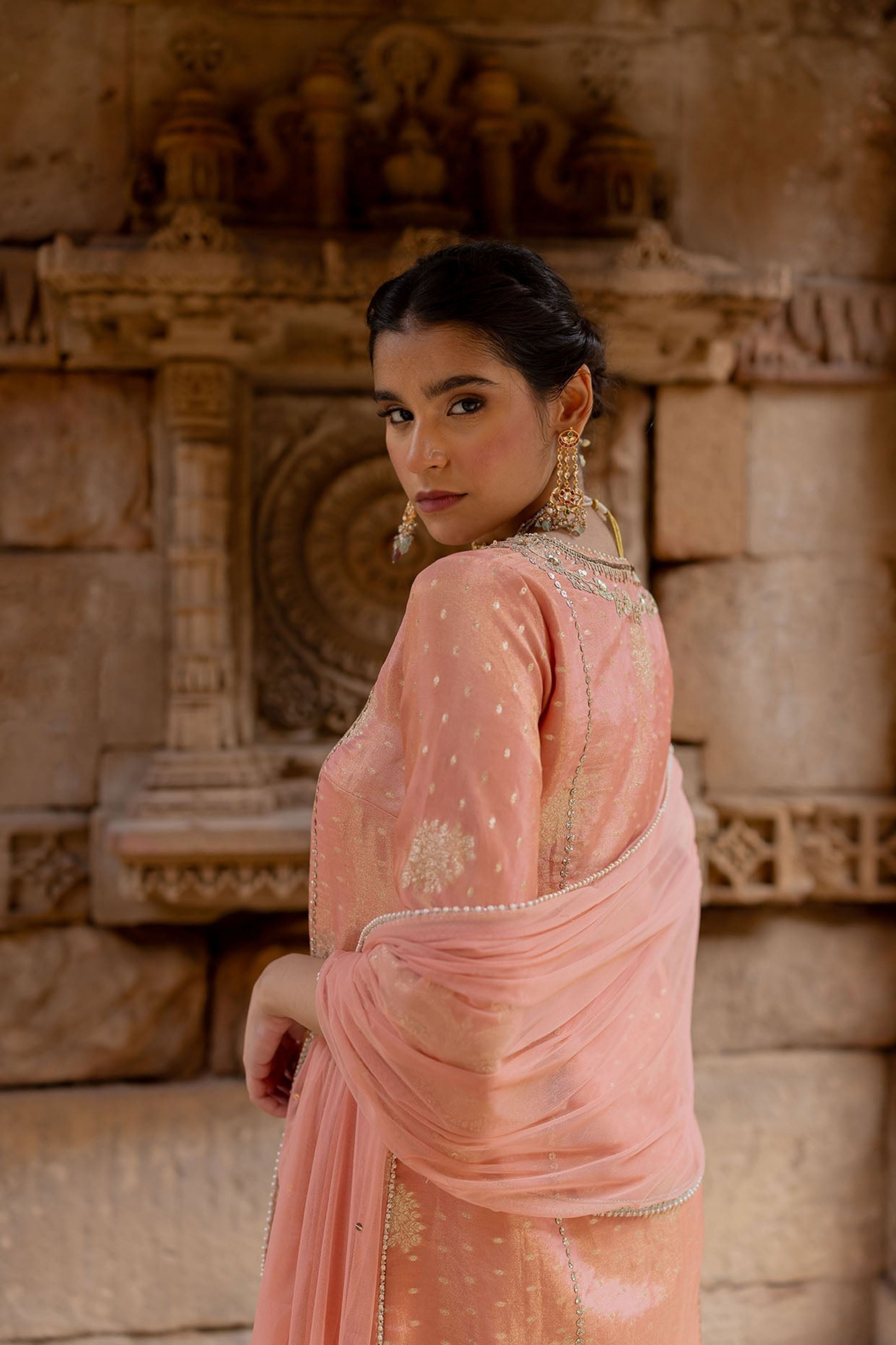 Rose Pink Embroidered Tissue Kurta Set