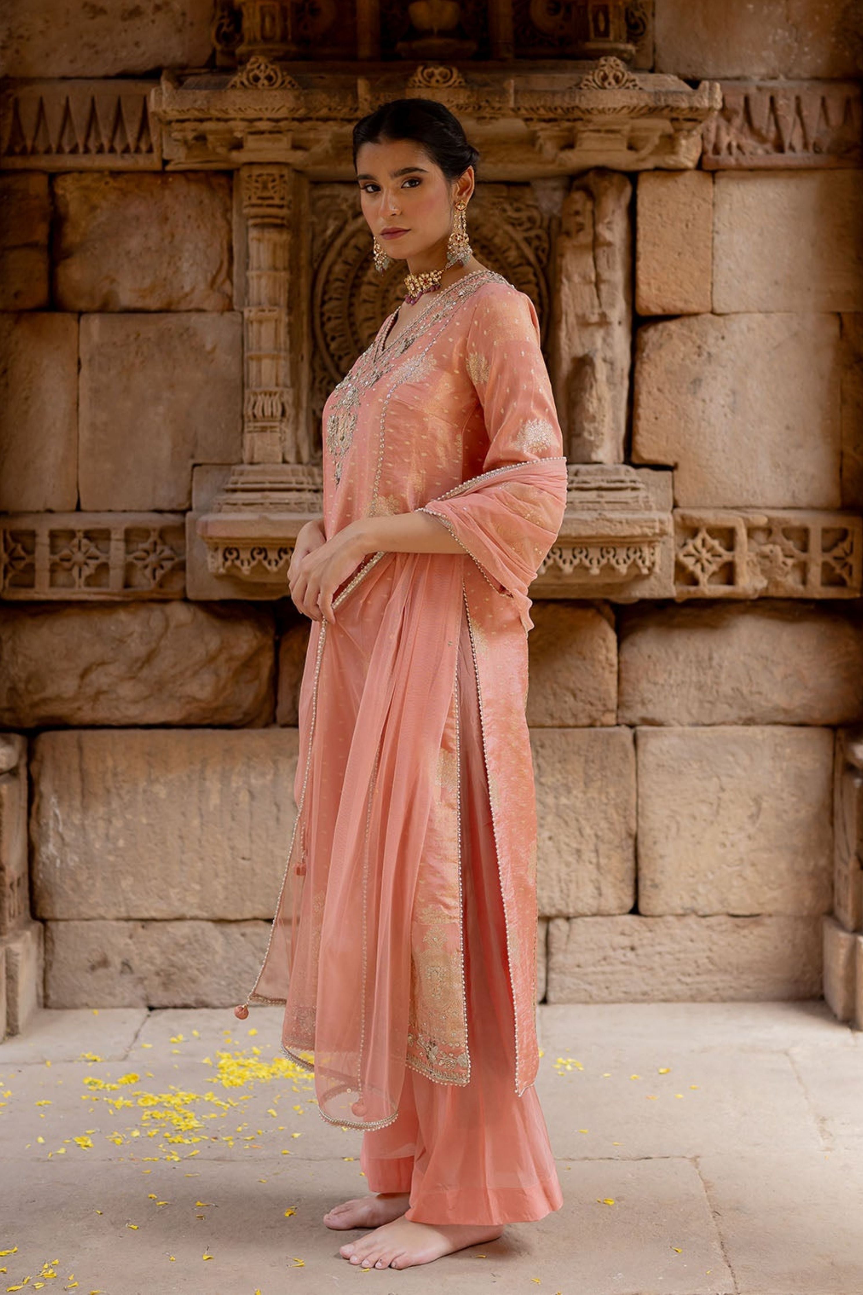 Rose Pink Embroidered Tissue Kurta Set