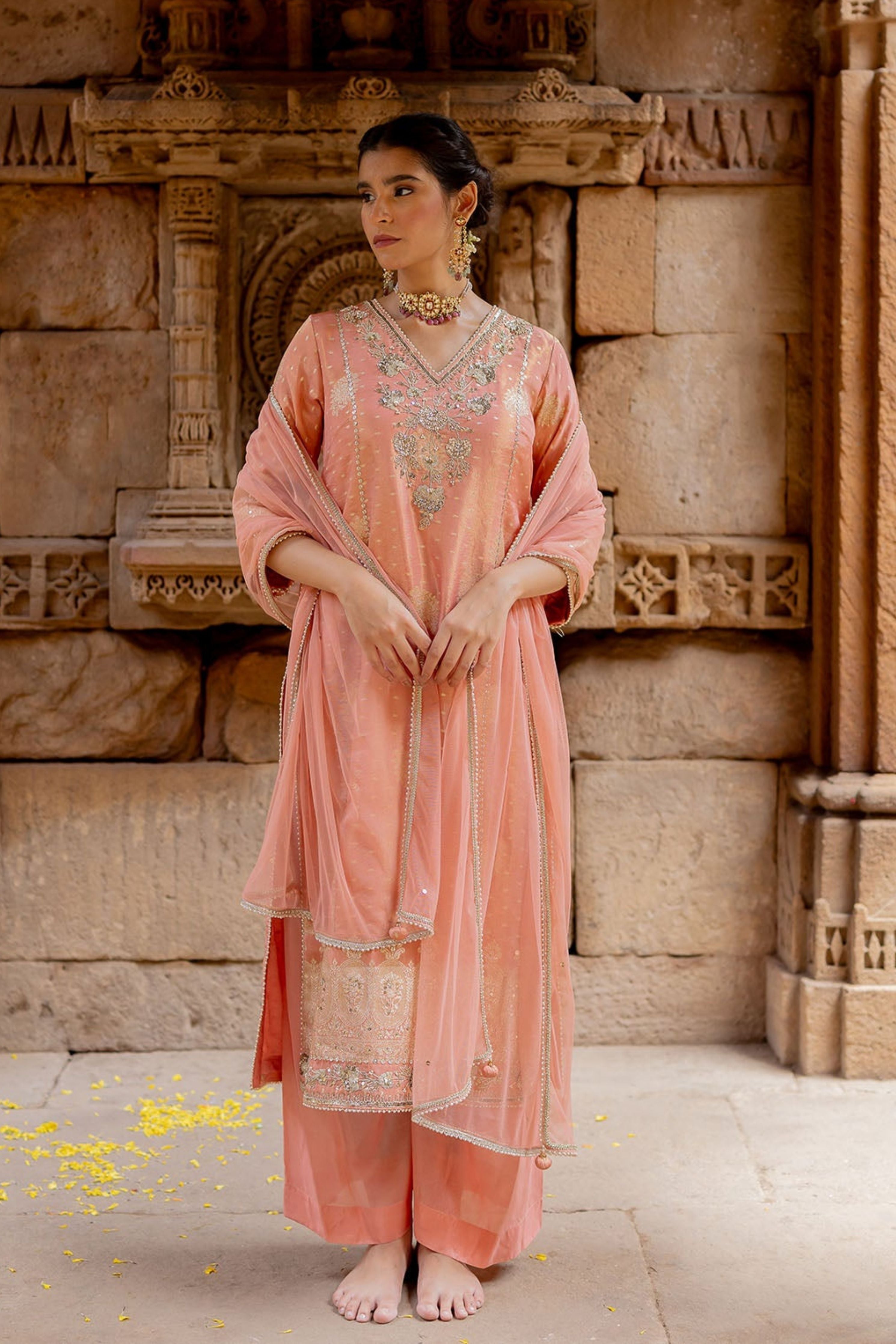 Rose Pink Embroidered Tissue Kurta Set