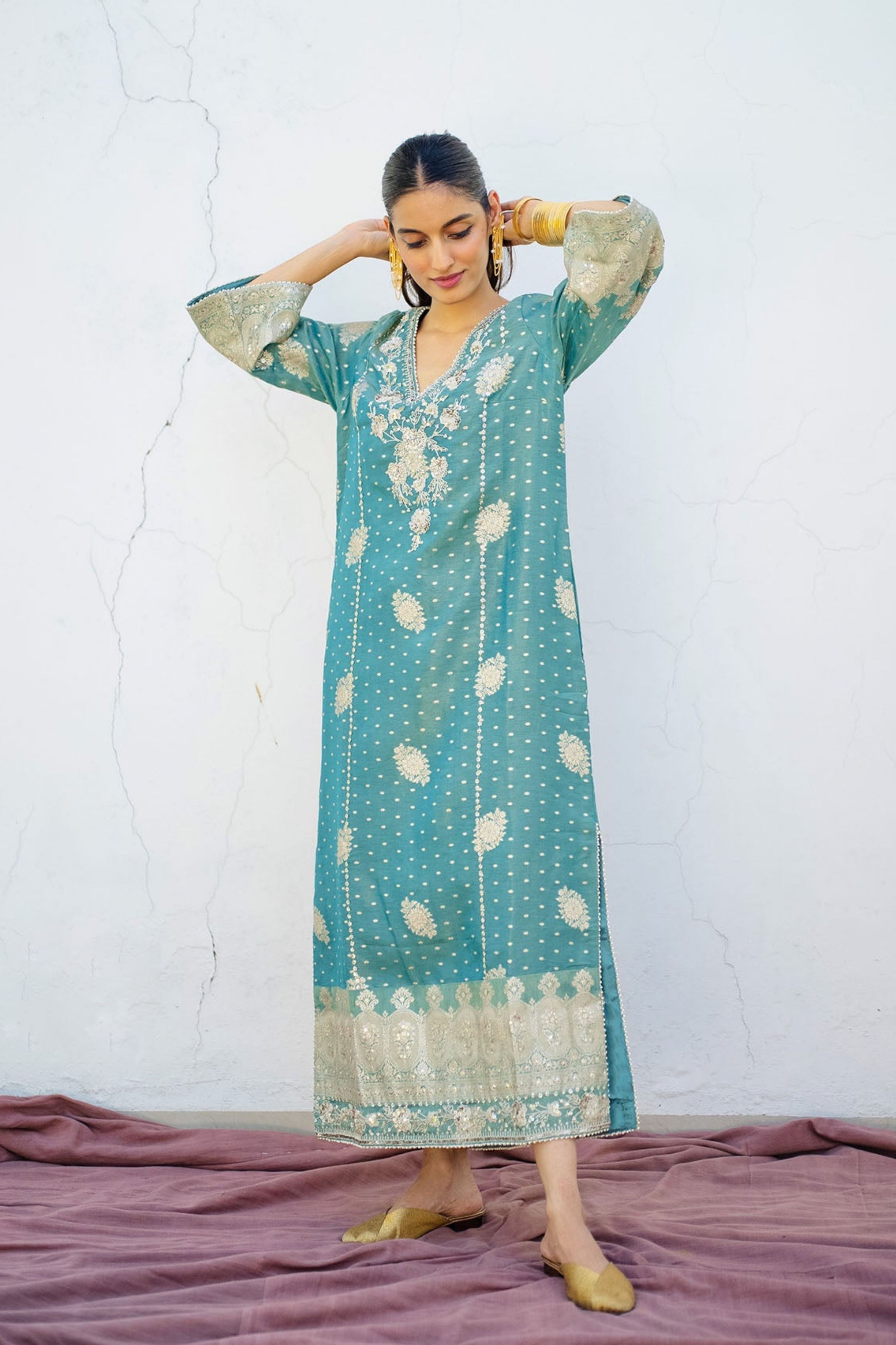 Jade Embroidered Tissue Kaftan
