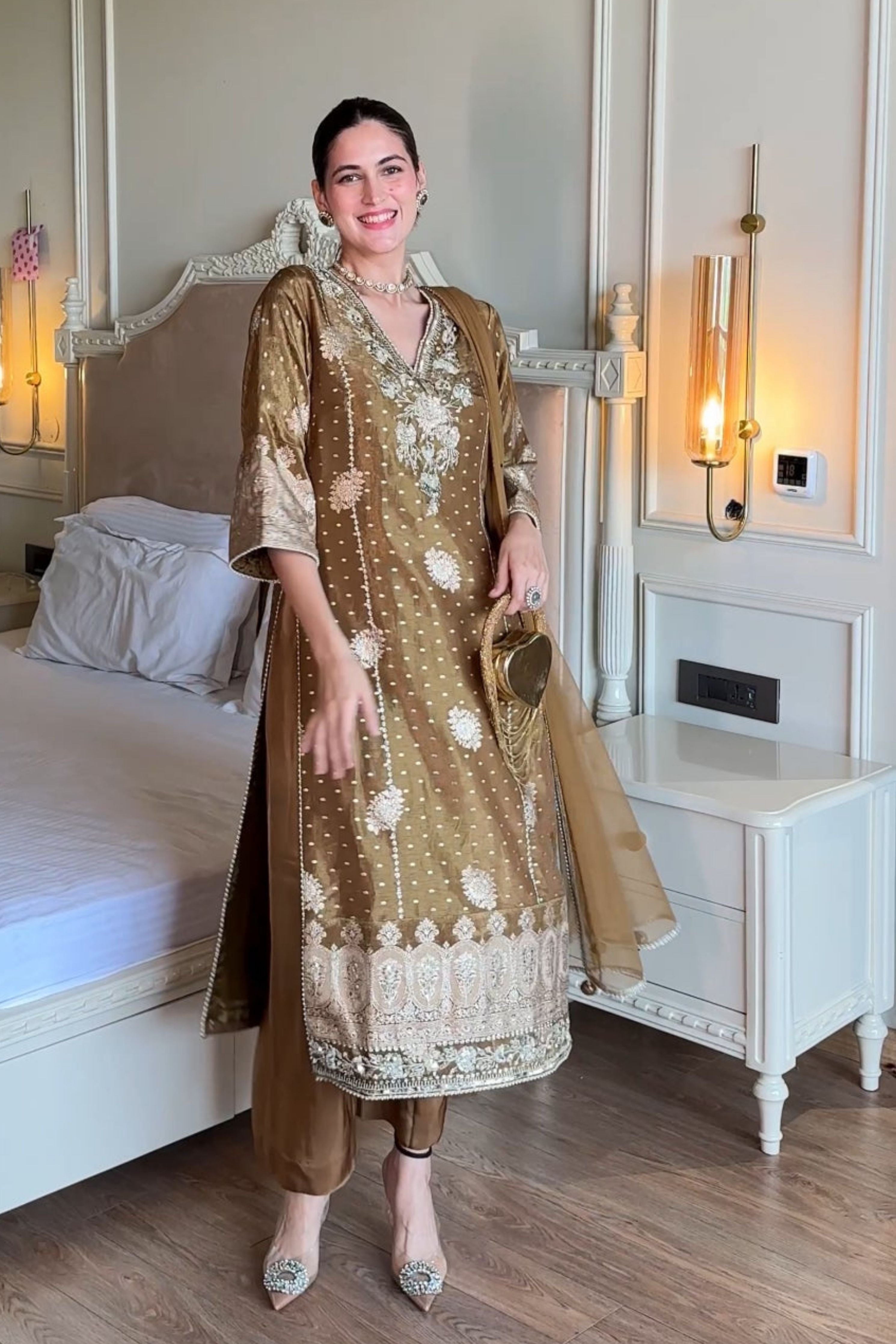 Mocha Embroidered Tissue Kurta Set