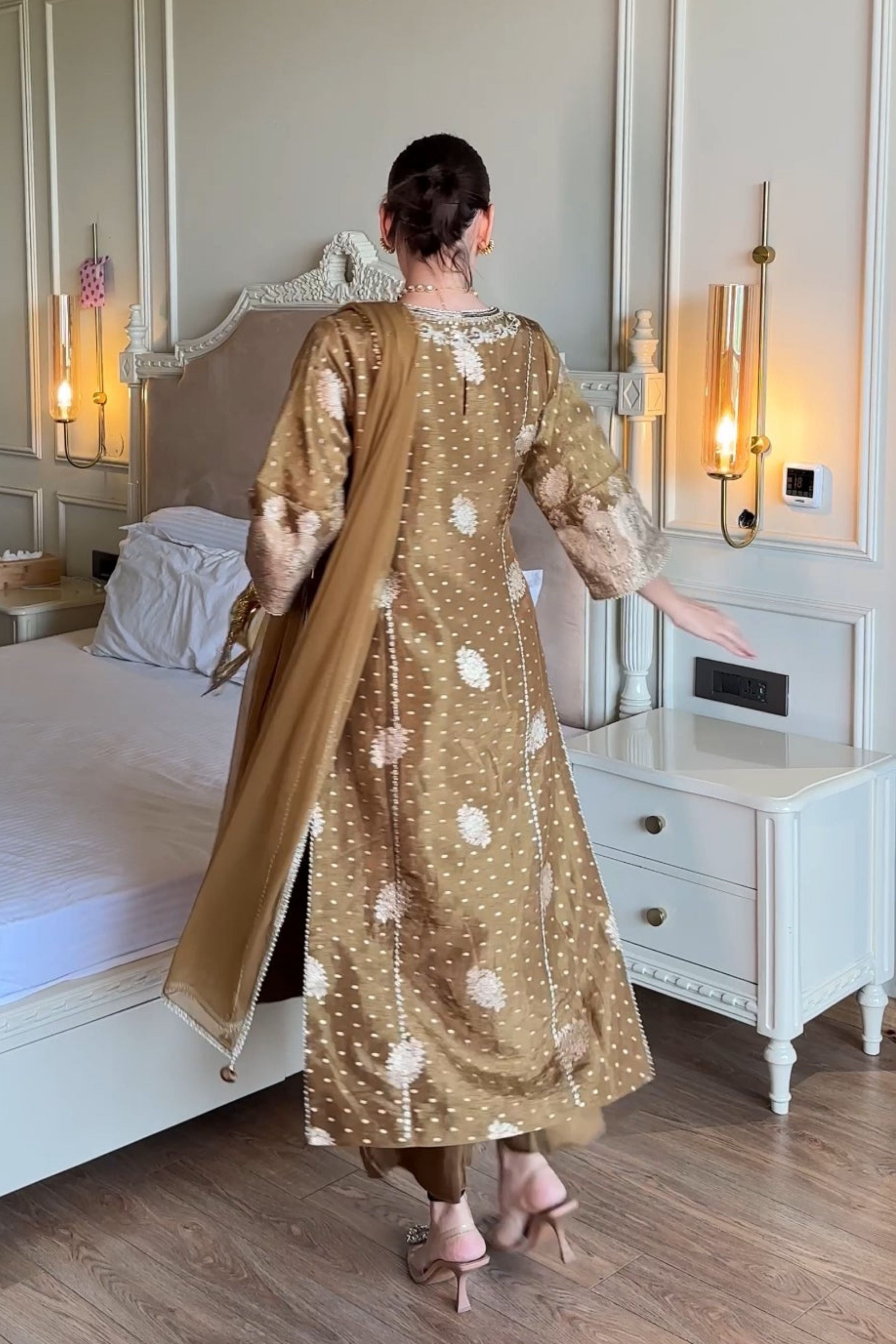 Mocha Embroidered Tissue Kurta Set