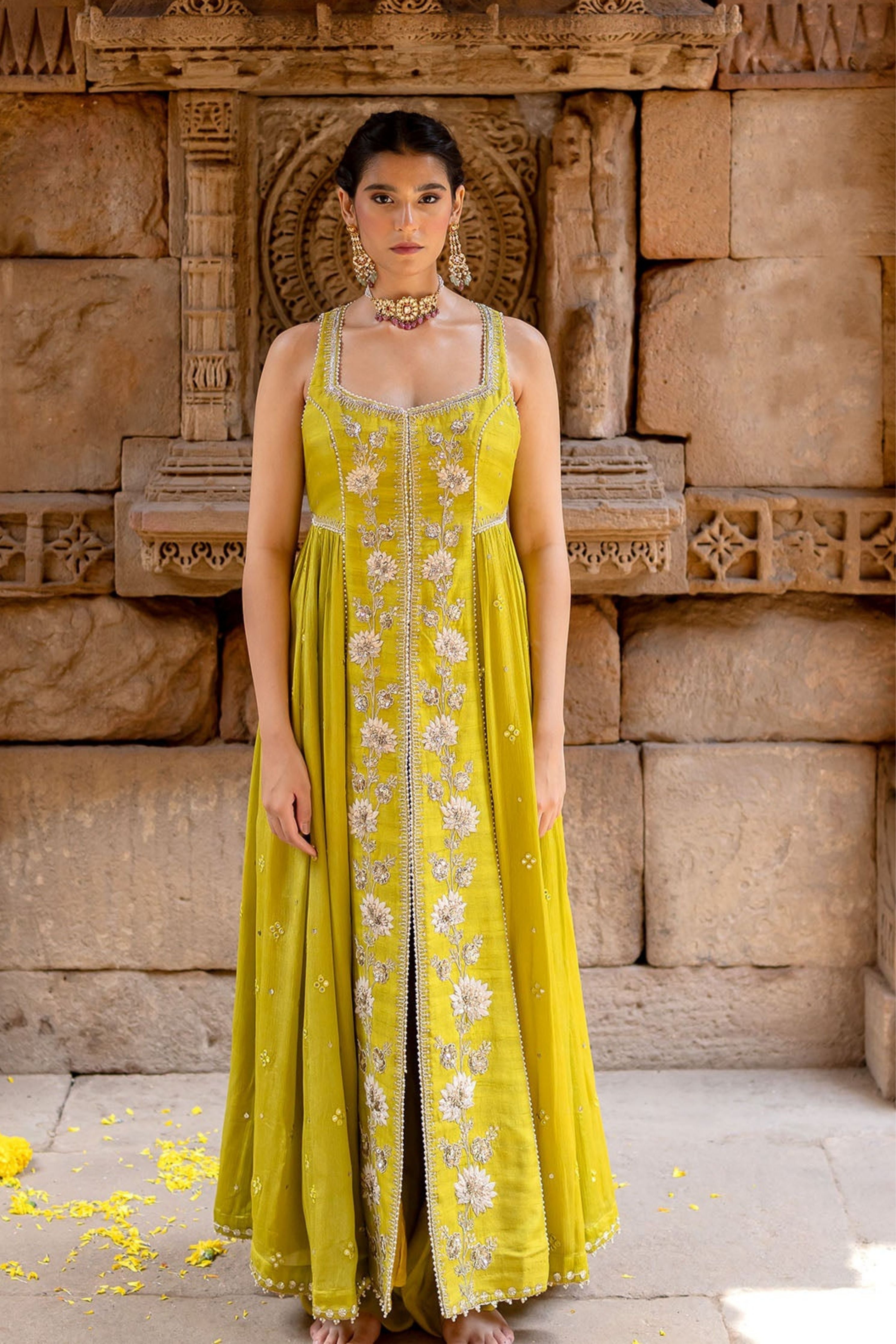 Lime Green Silk Embroidered Jacket Anarkali Set