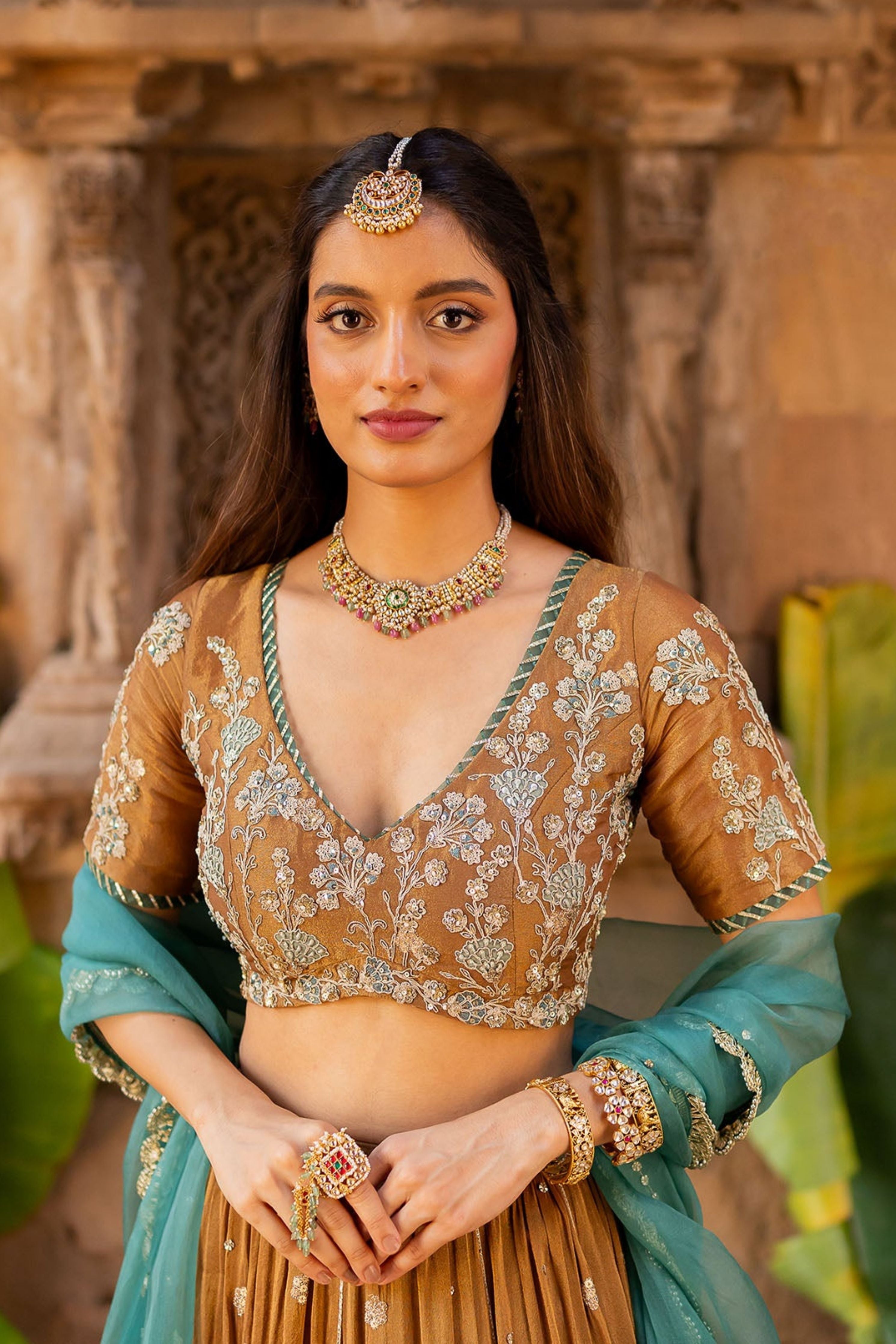 Mocha Tissue Embroidered Lehenga Set