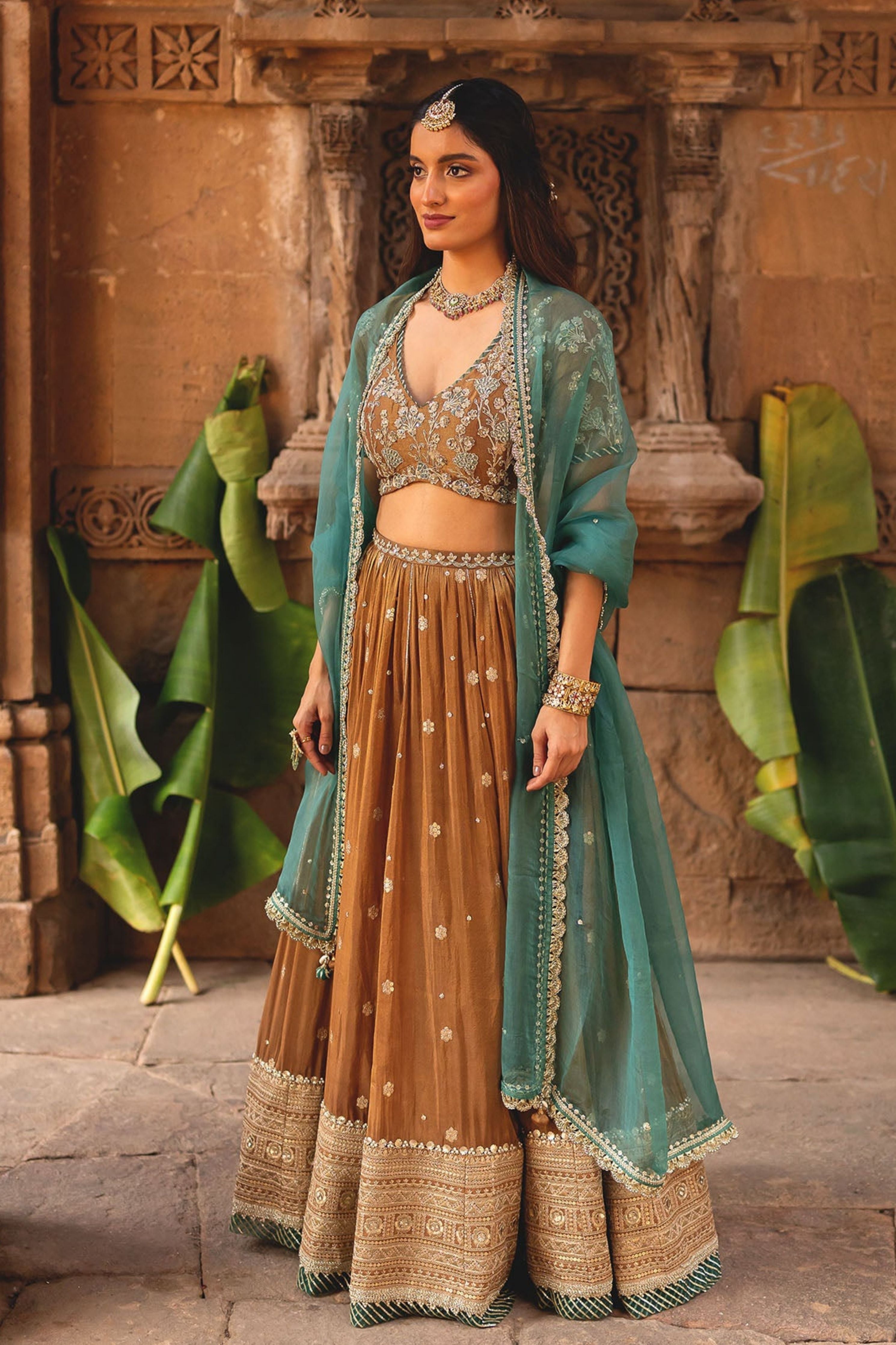 Mocha Tissue Embroidered Lehenga Set