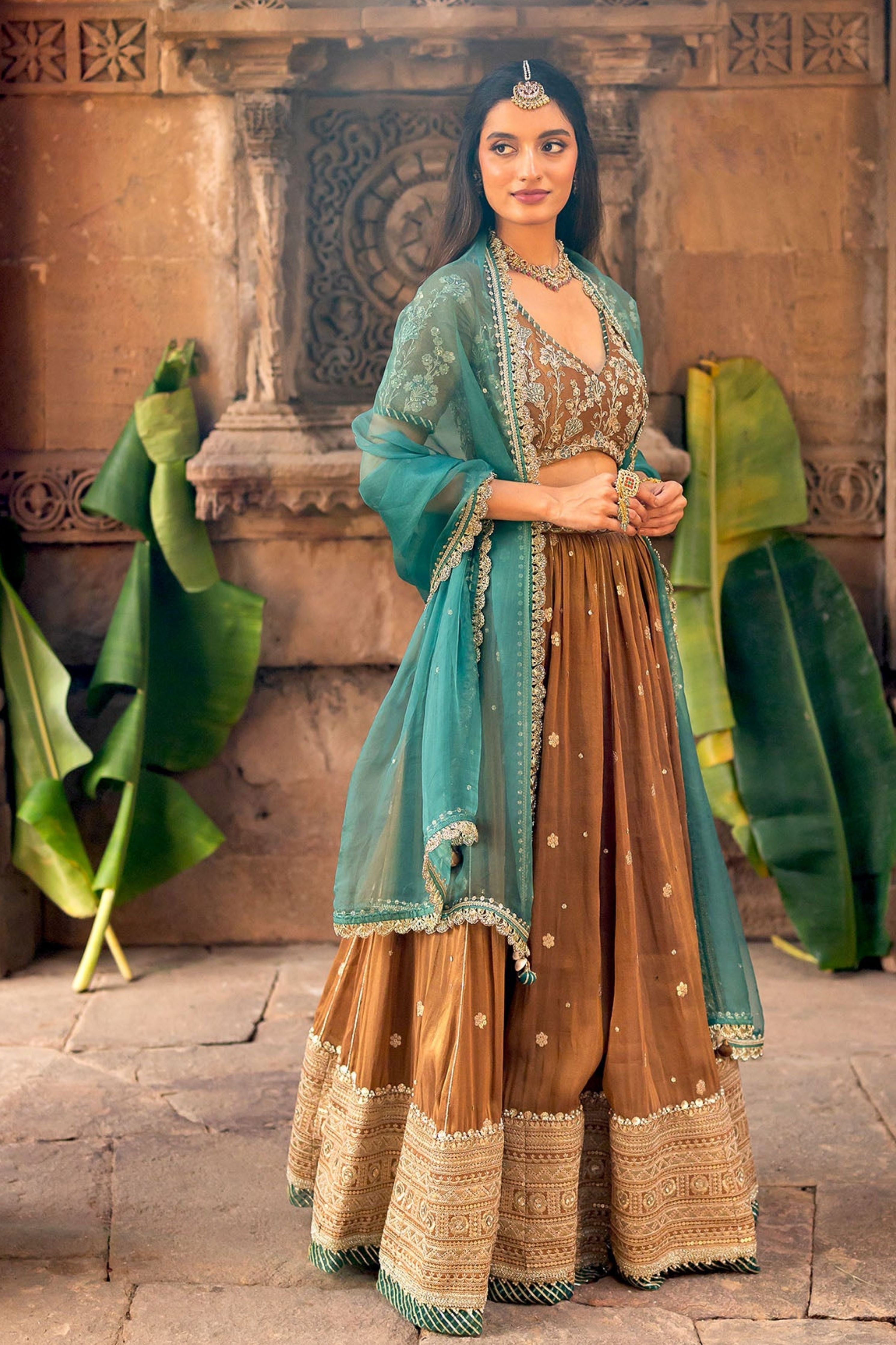 Mocha Tissue Embroidered Lehenga Set