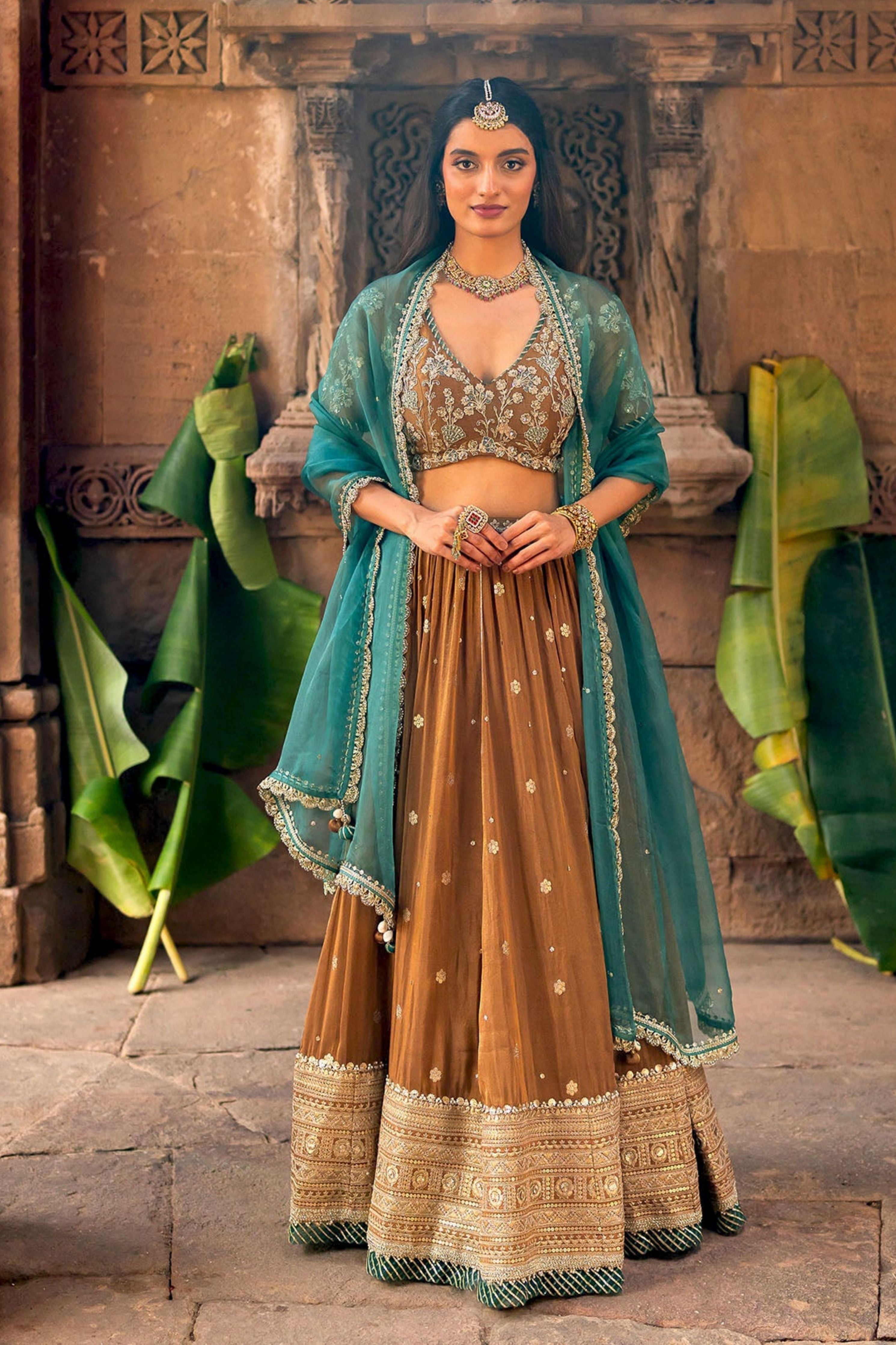 Mocha Tissue Embroidered Lehenga Set