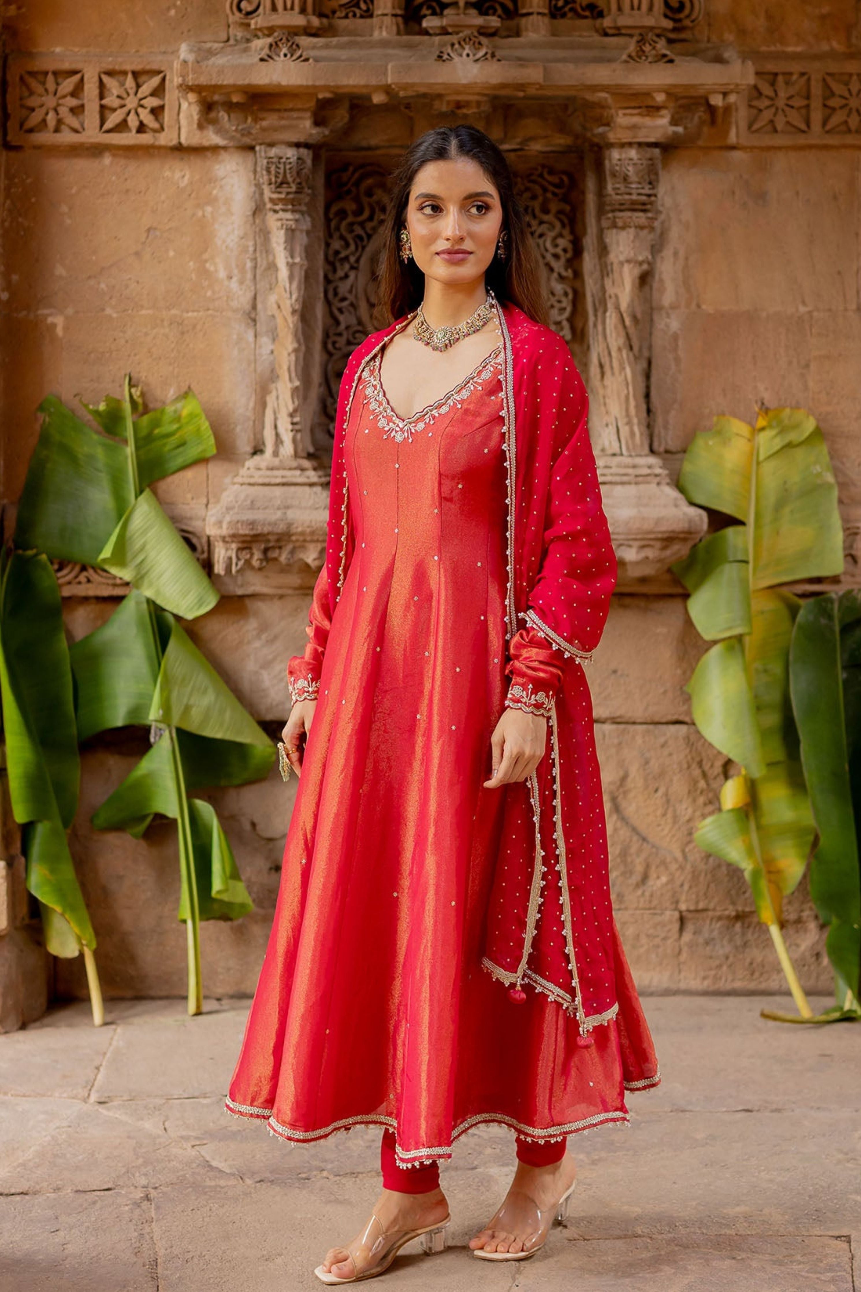 Cherry Red Tissue Embroidered Anarkali Set