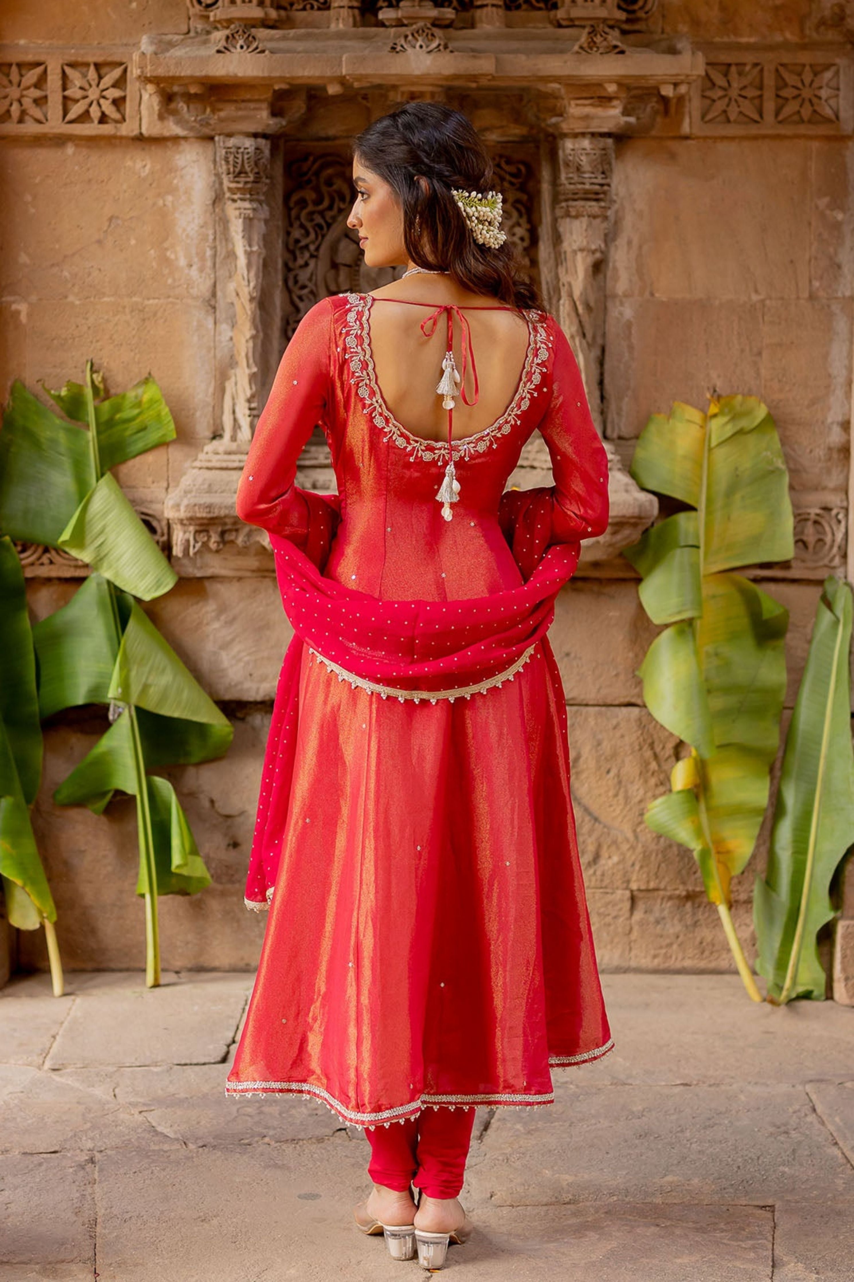 Cherry Red Tissue Embroidered Anarkali Set