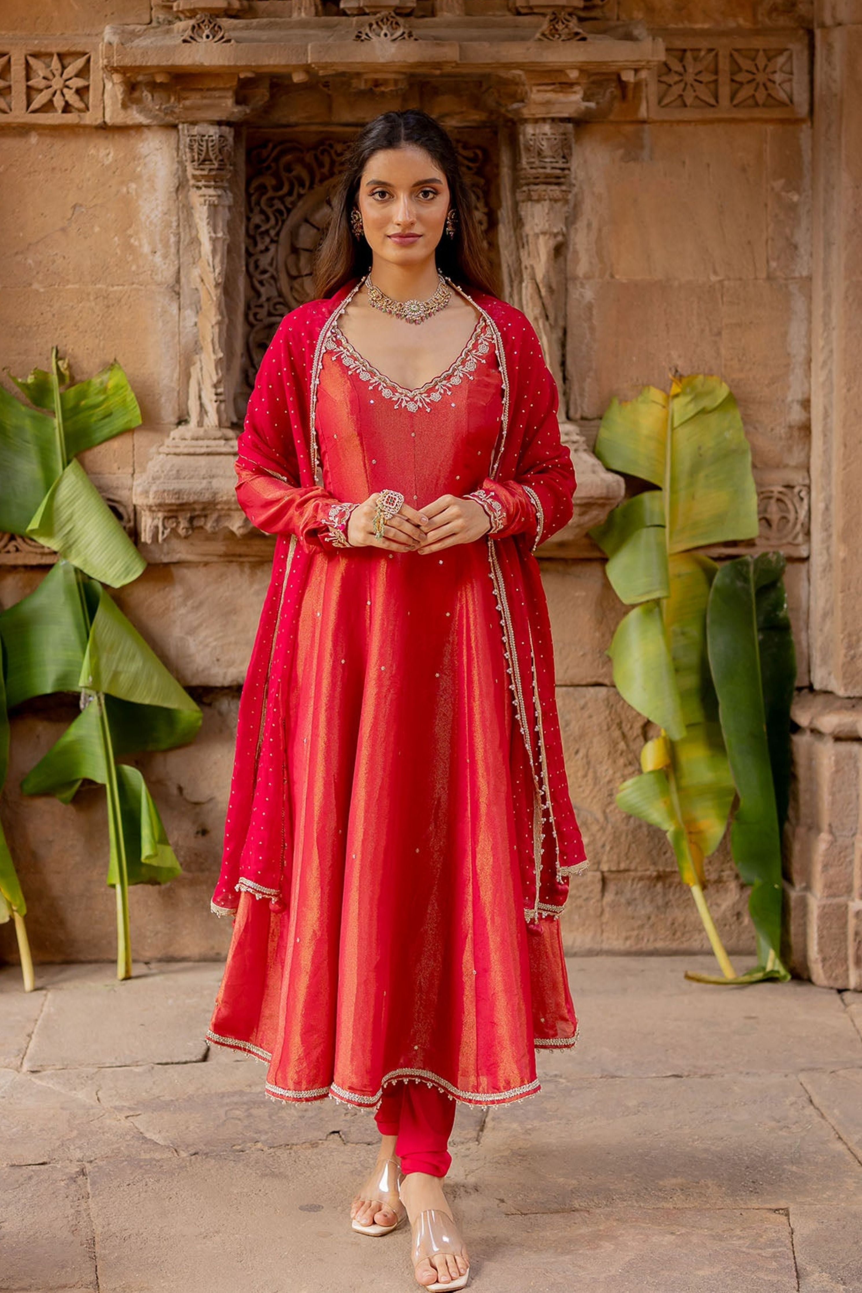 Cherry Red Tissue Embroidered Anarkali Set