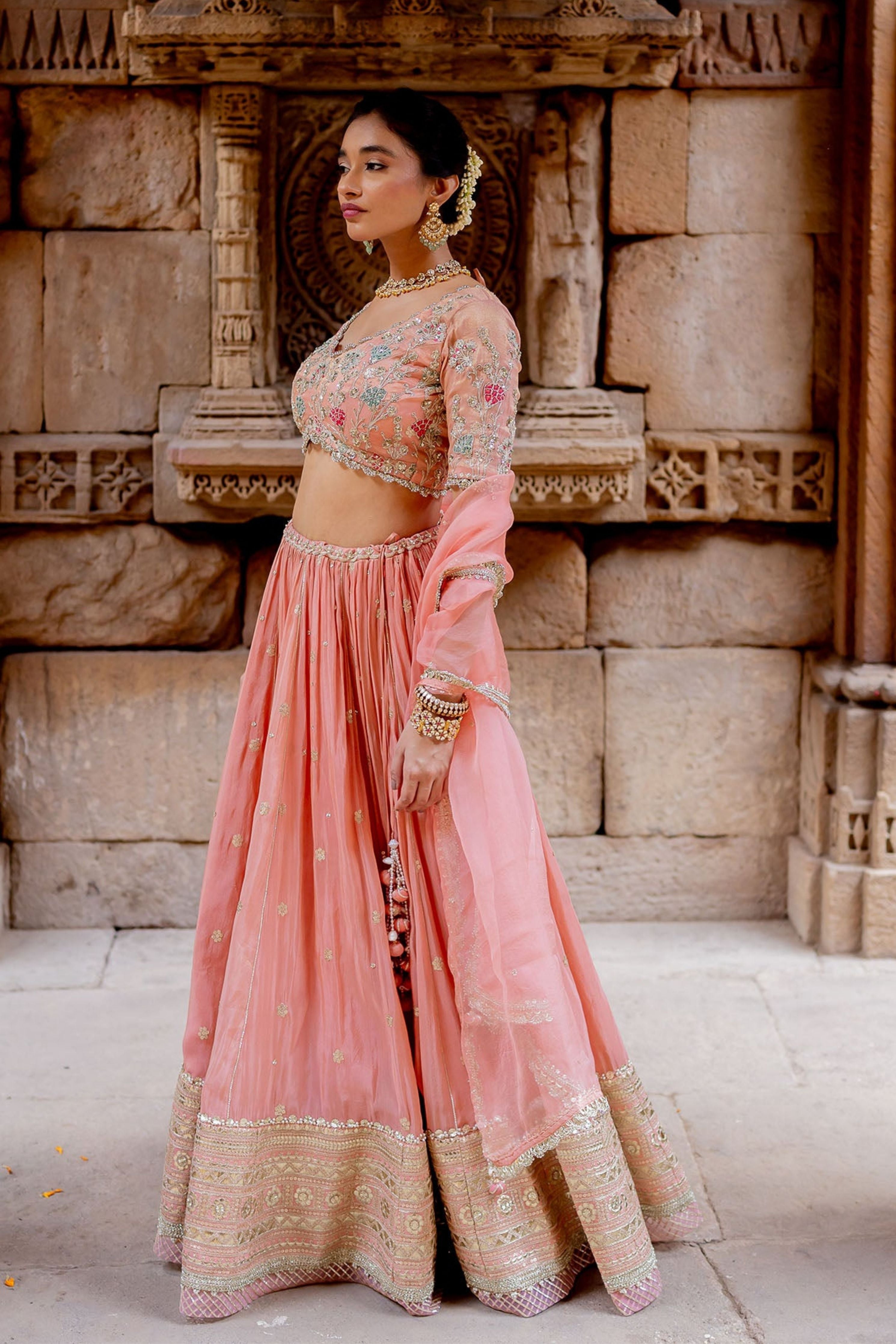 Rose Pink Tissue Embroidered Lehenga Set