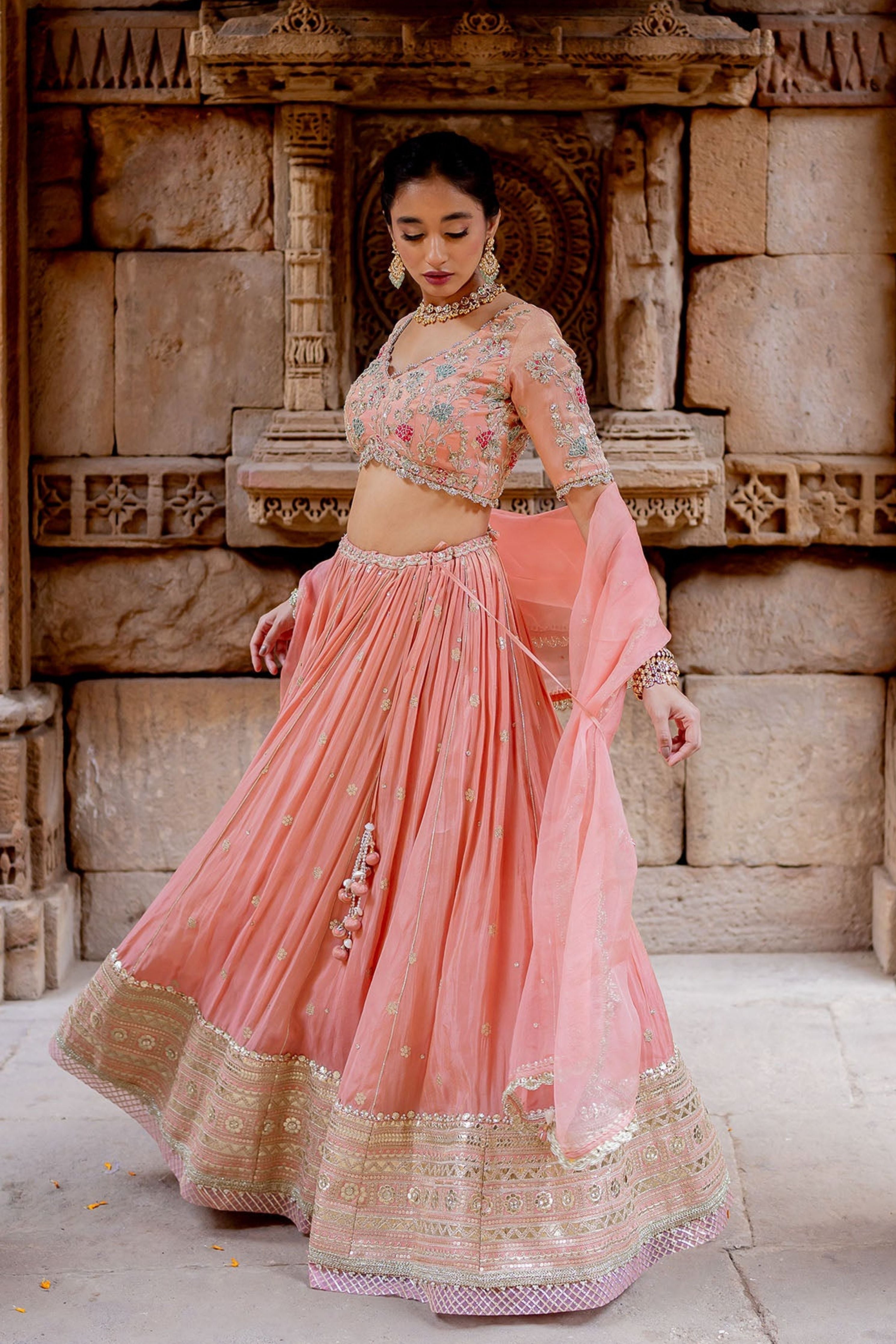 Rose Pink Tissue Embroidered Lehenga Set