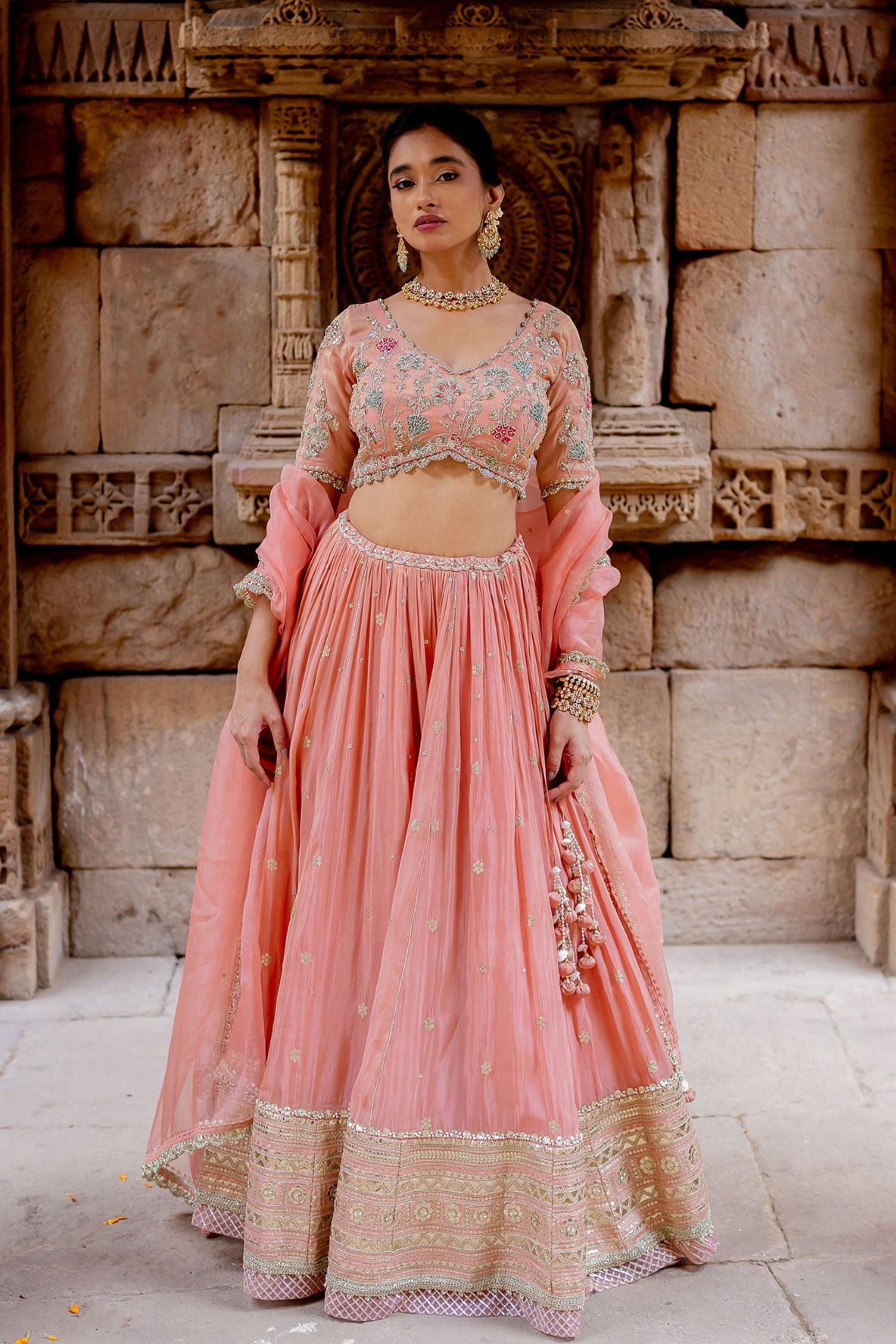 Rose Pink Tissue Embroidered Lehenga Set