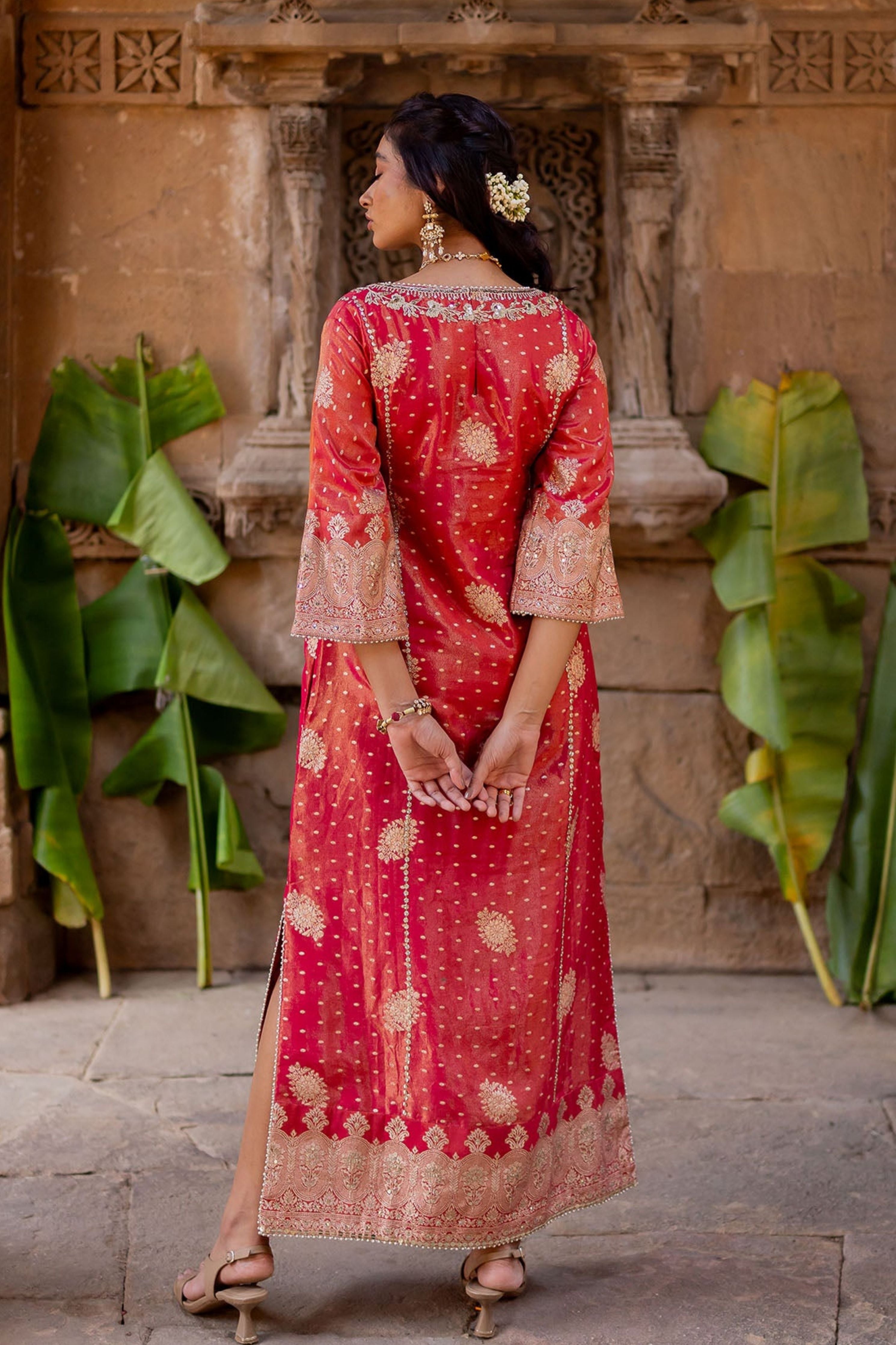Cherry Red Embroidered Tissue Kaftan