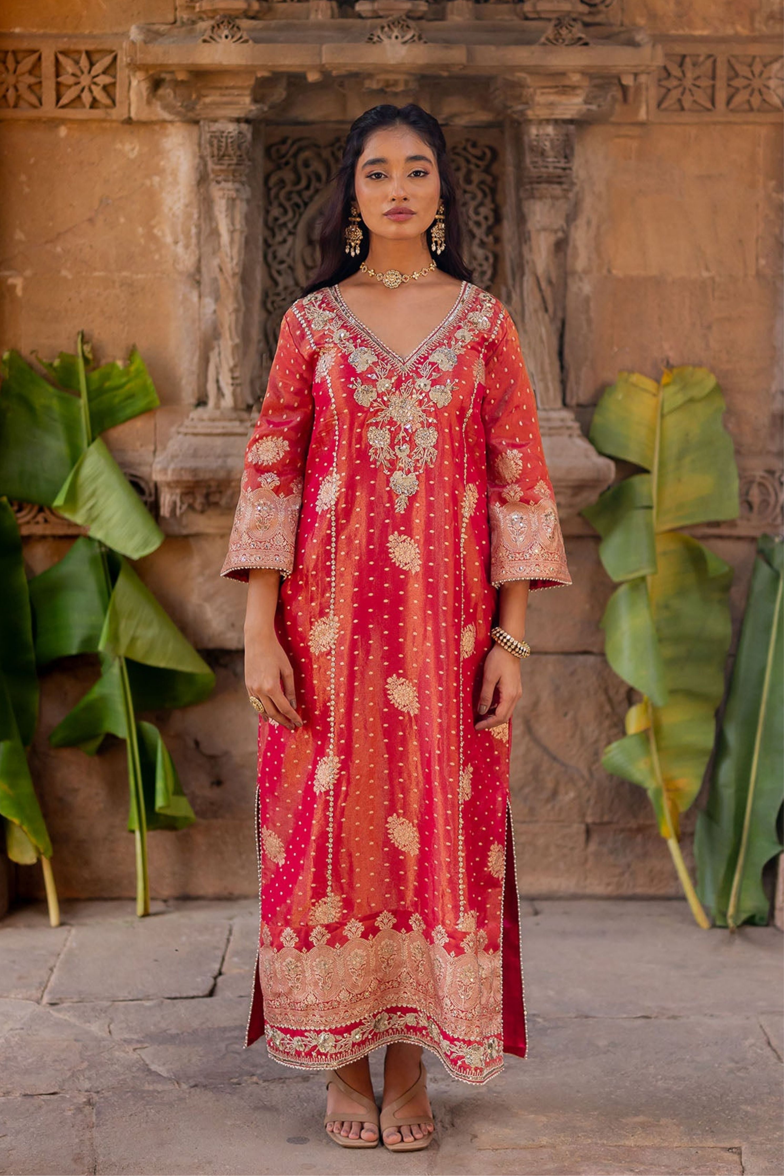 Cherry Red Embroidered Tissue Kaftan