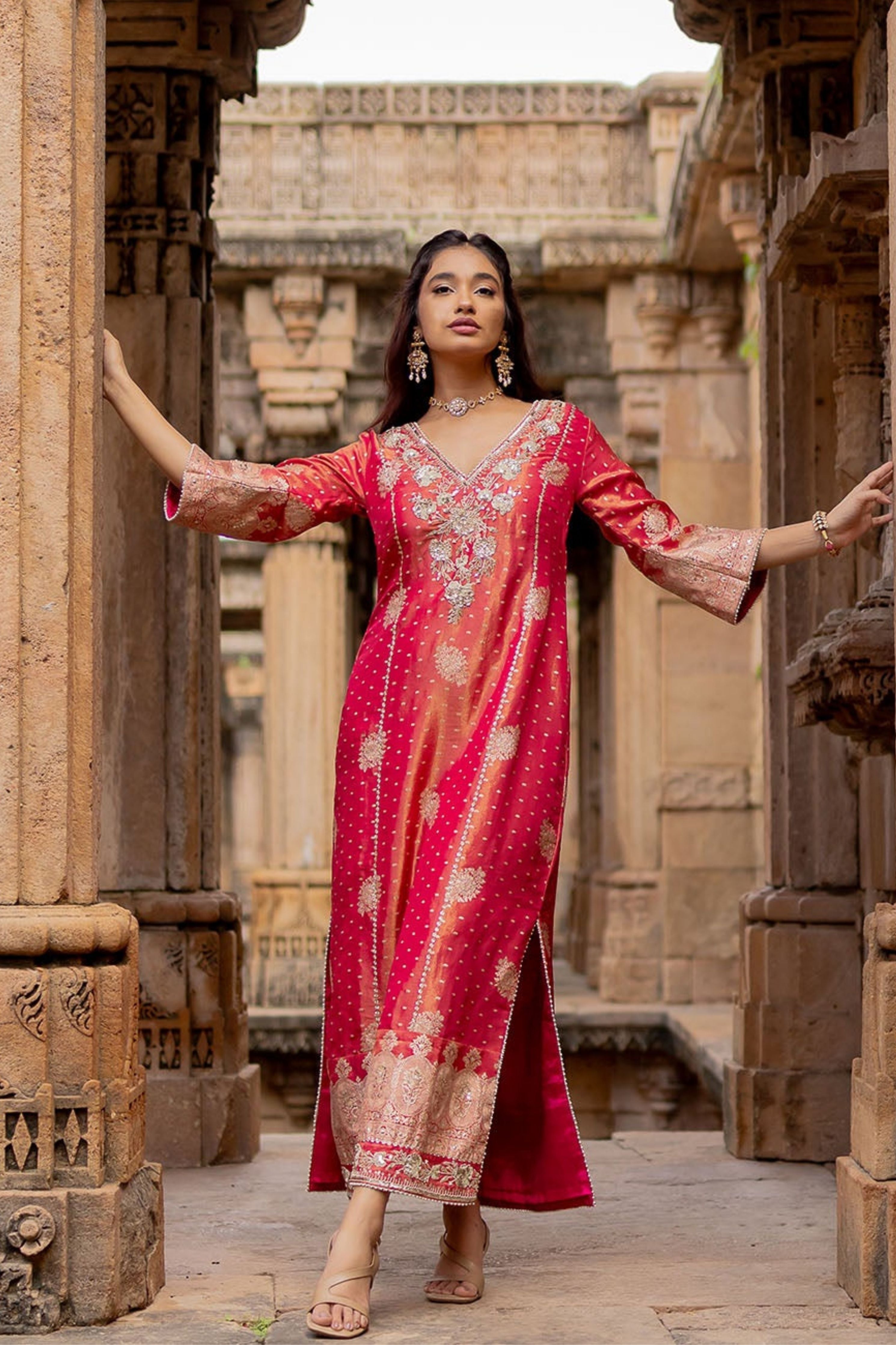 Cherry Red Embroidered Tissue Kaftan