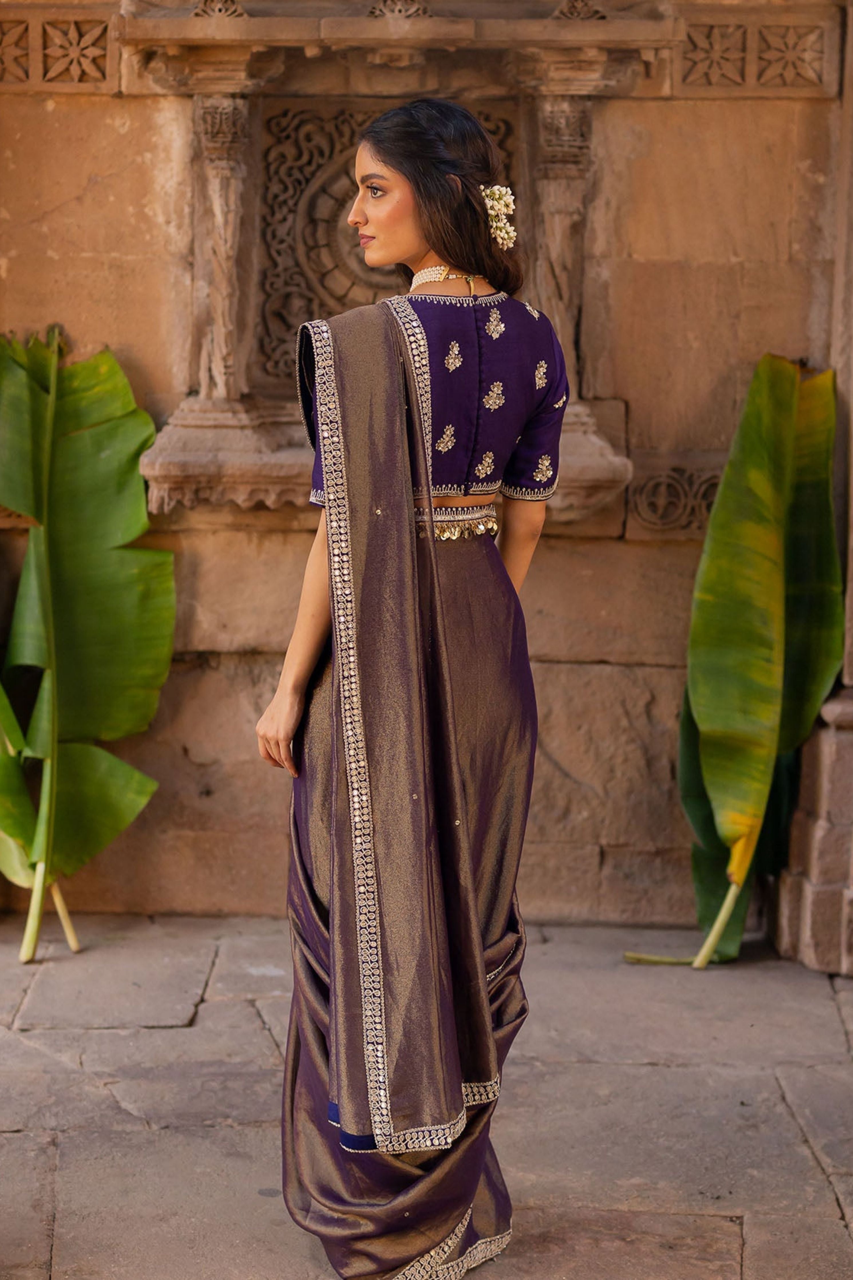 Royal Purple Embroidered Tissue Draped Saree Set