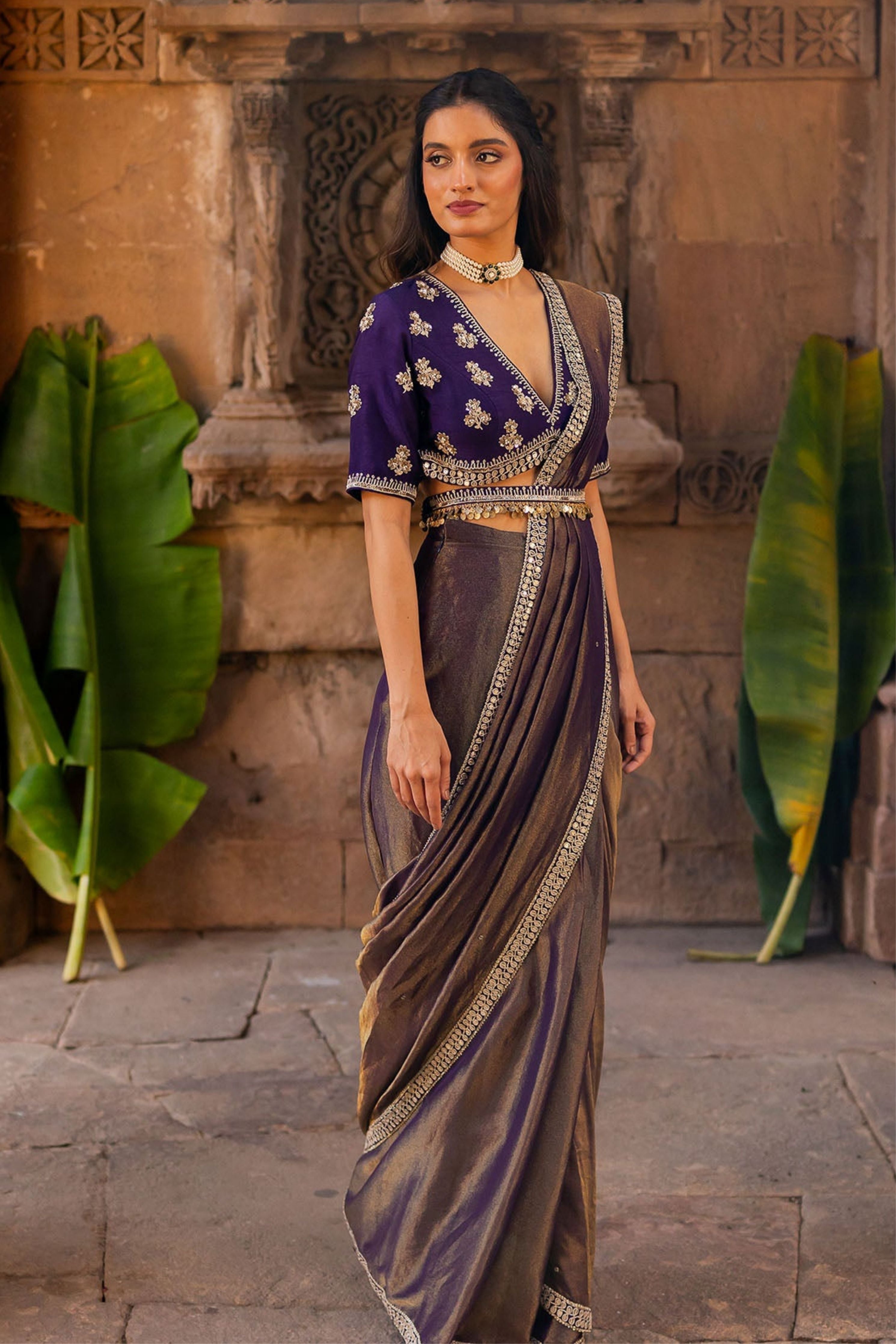 Royal Purple Embroidered Tissue Draped Saree Set