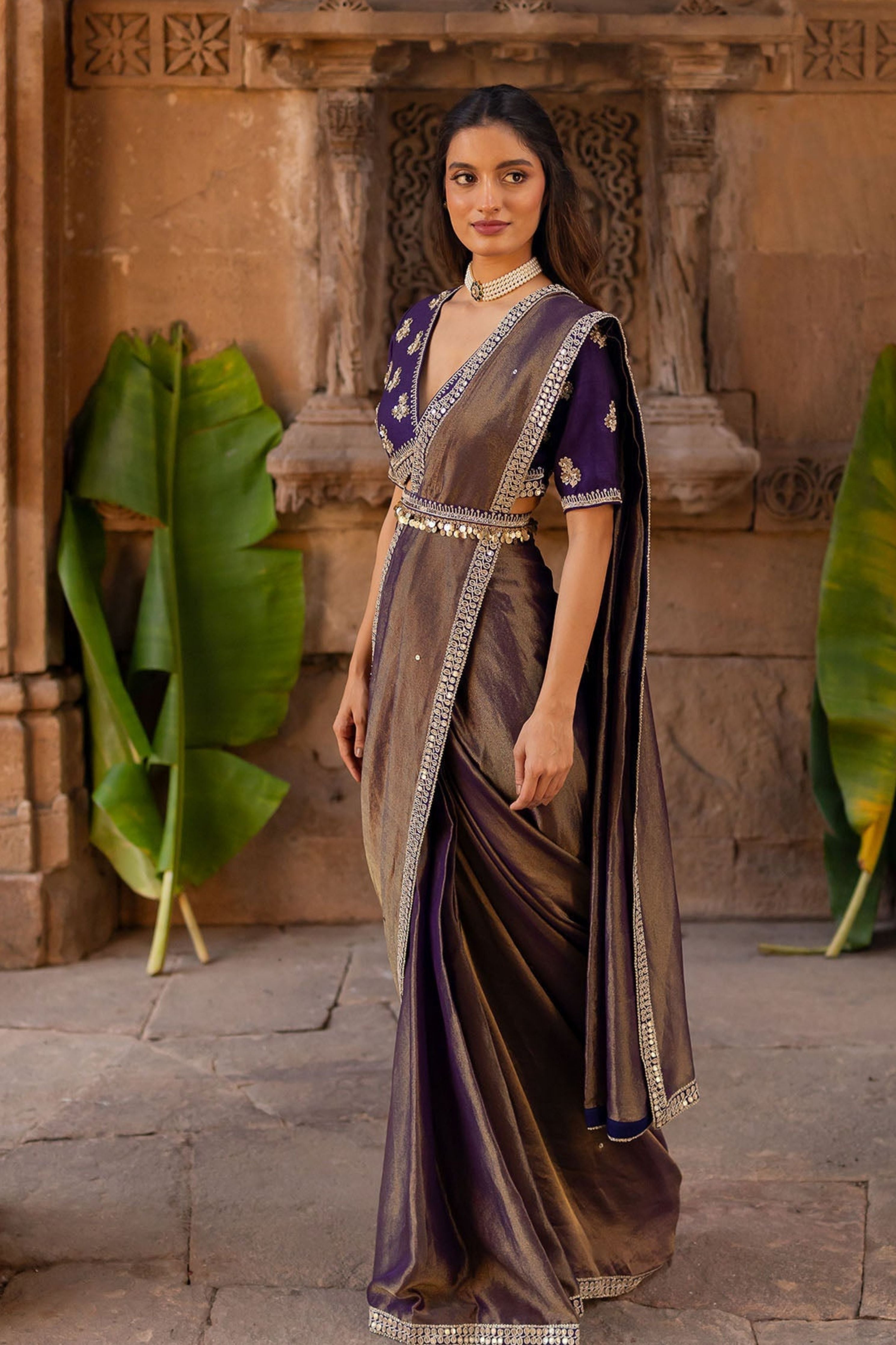 Royal Purple Embroidered Tissue Draped Saree Set