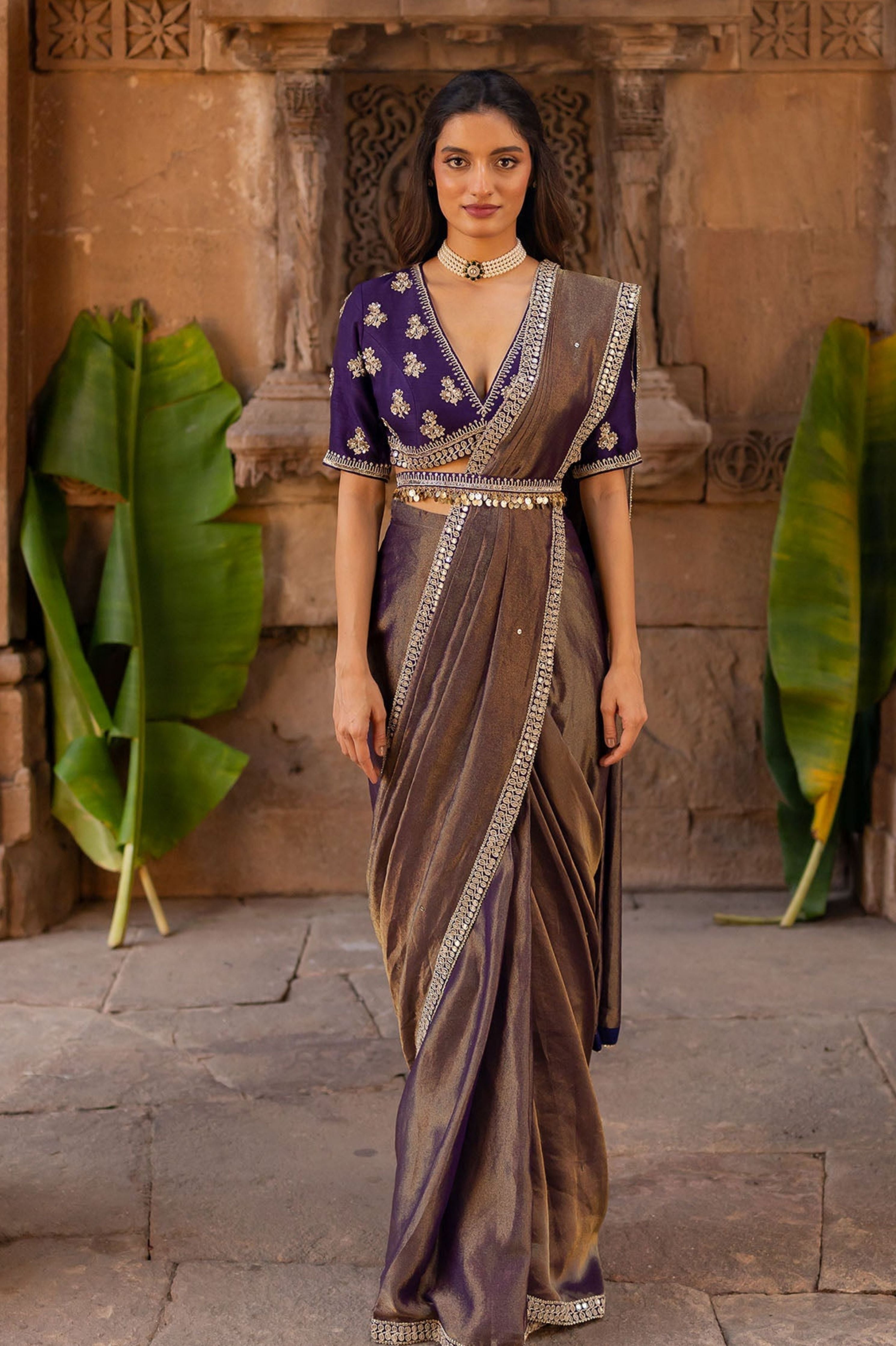 Royal Purple Embroidered Tissue Draped Saree Set