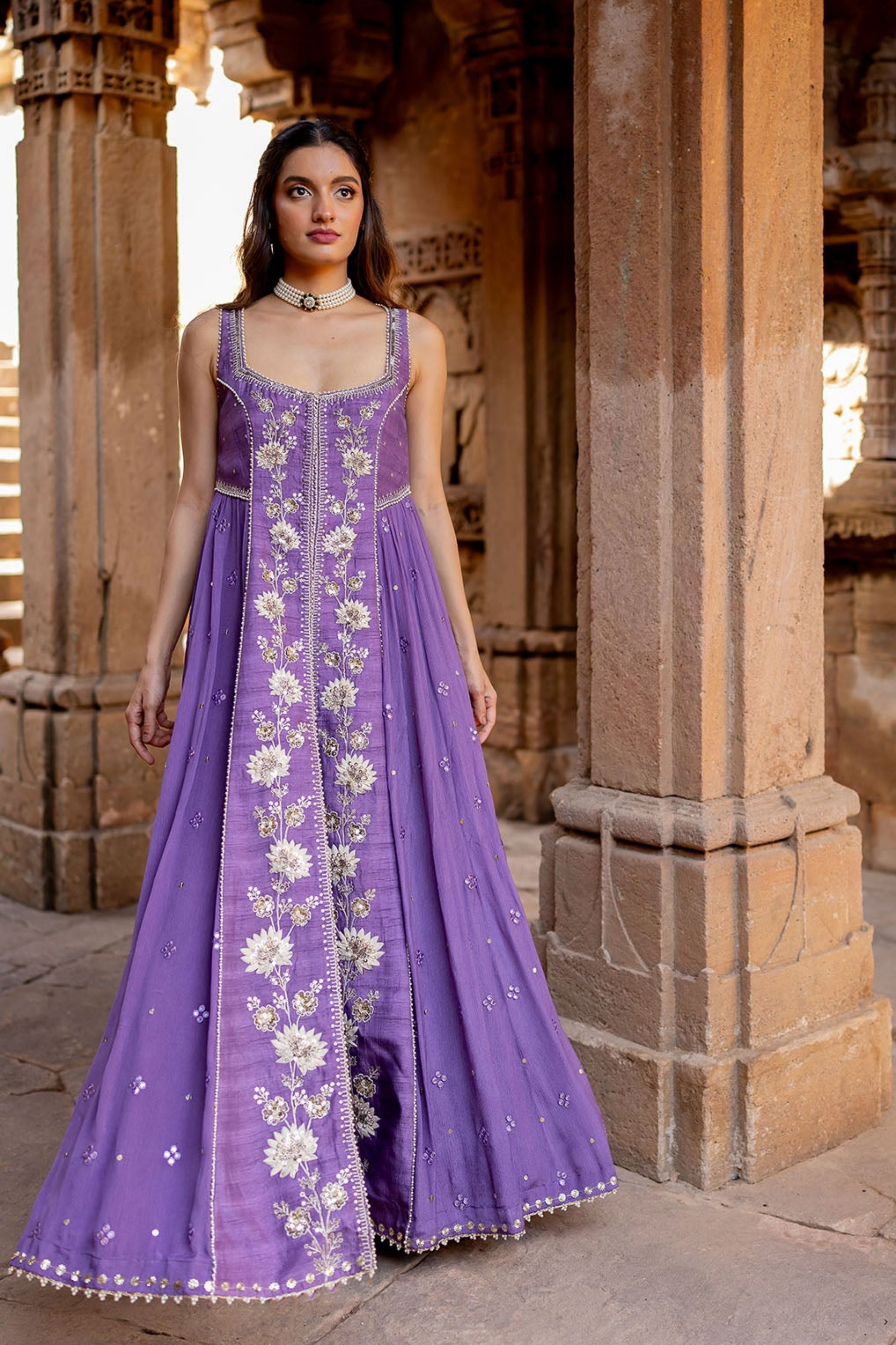 Lavender Silk Embroidered Jacket Anarkali Set