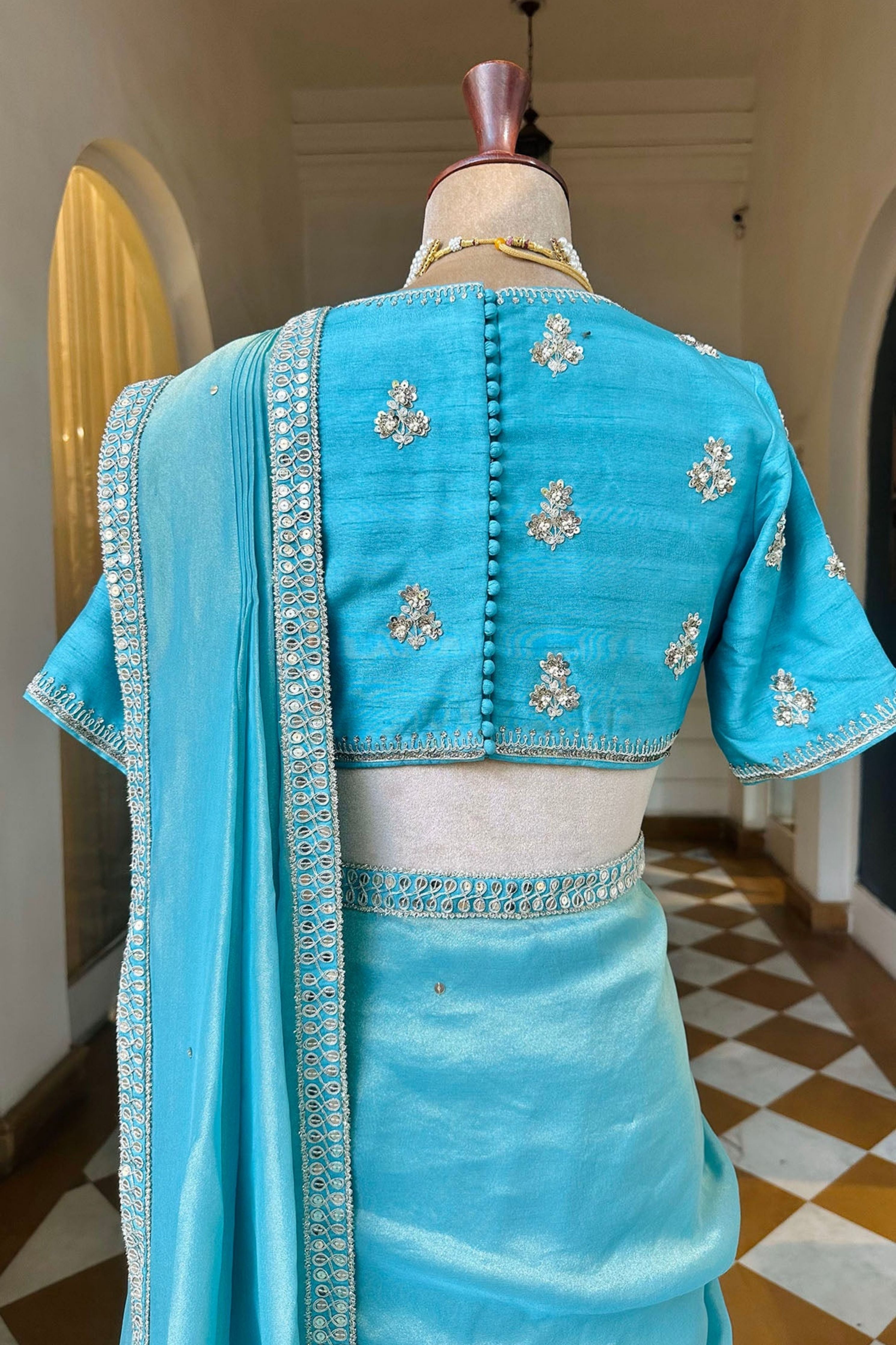 Sky Blue Embroidered Tissue Draped Saree Set