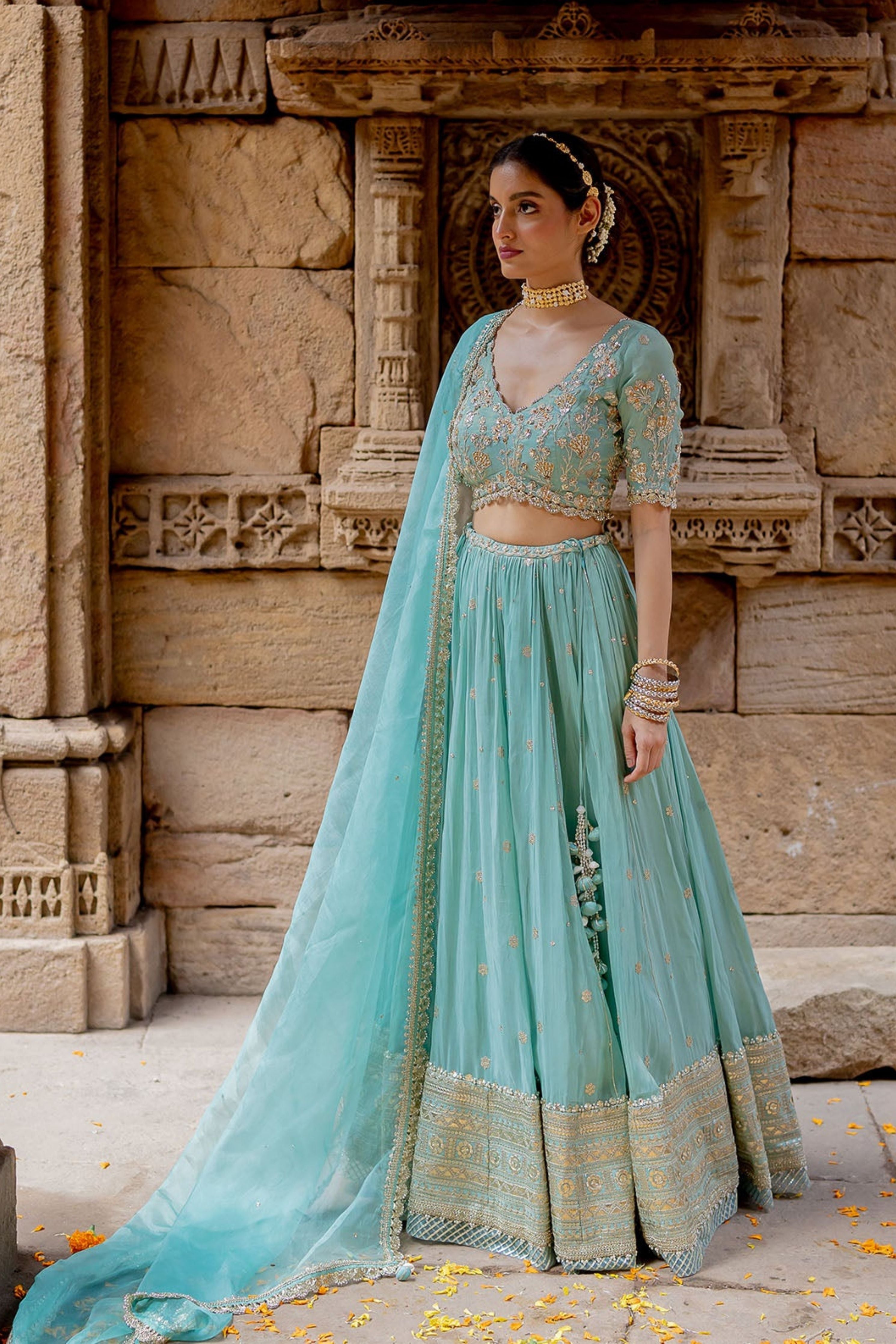 Sky Blue Tissue Embroidered Lehenga Set