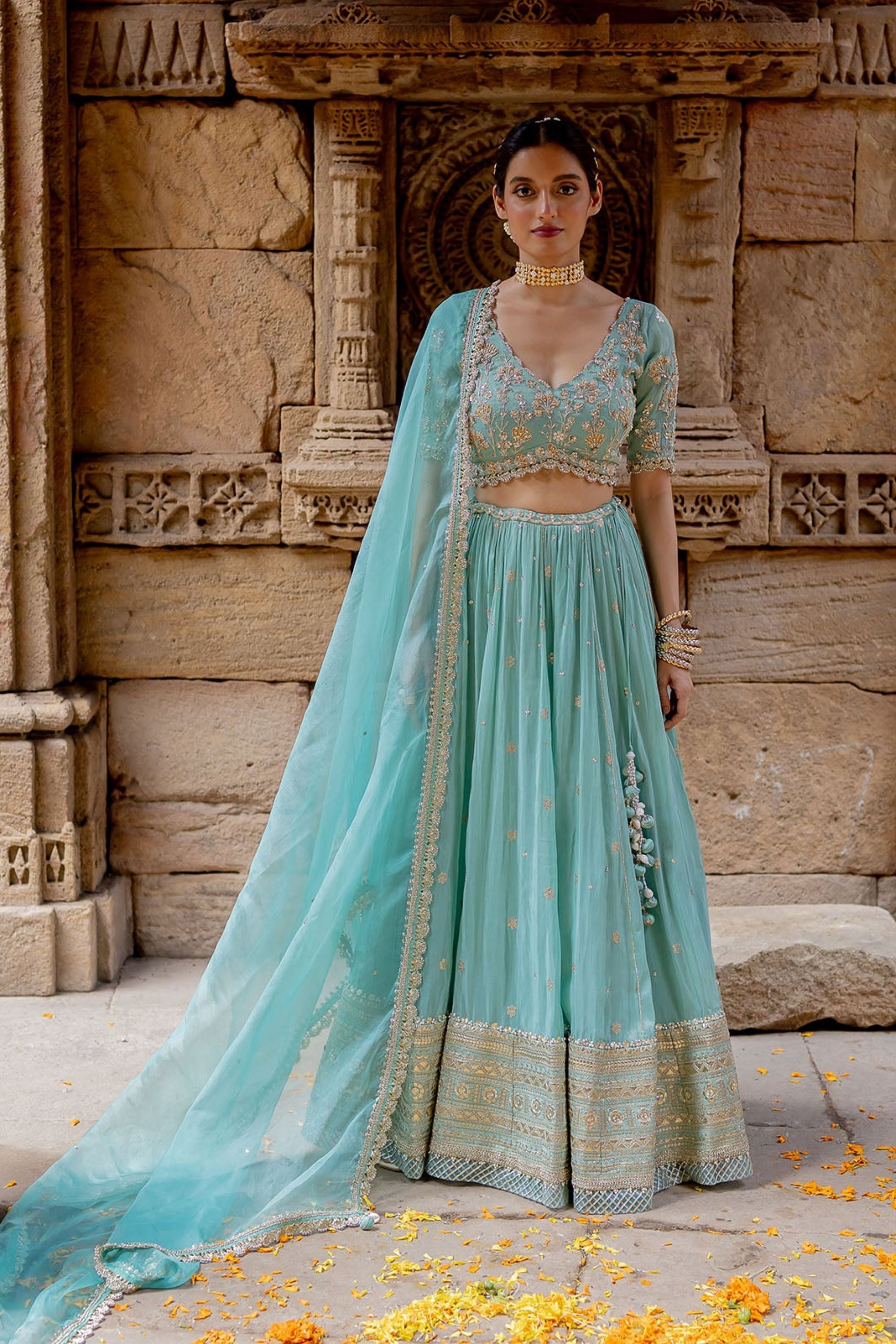 Sky Blue Tissue Embroidered Lehenga Set