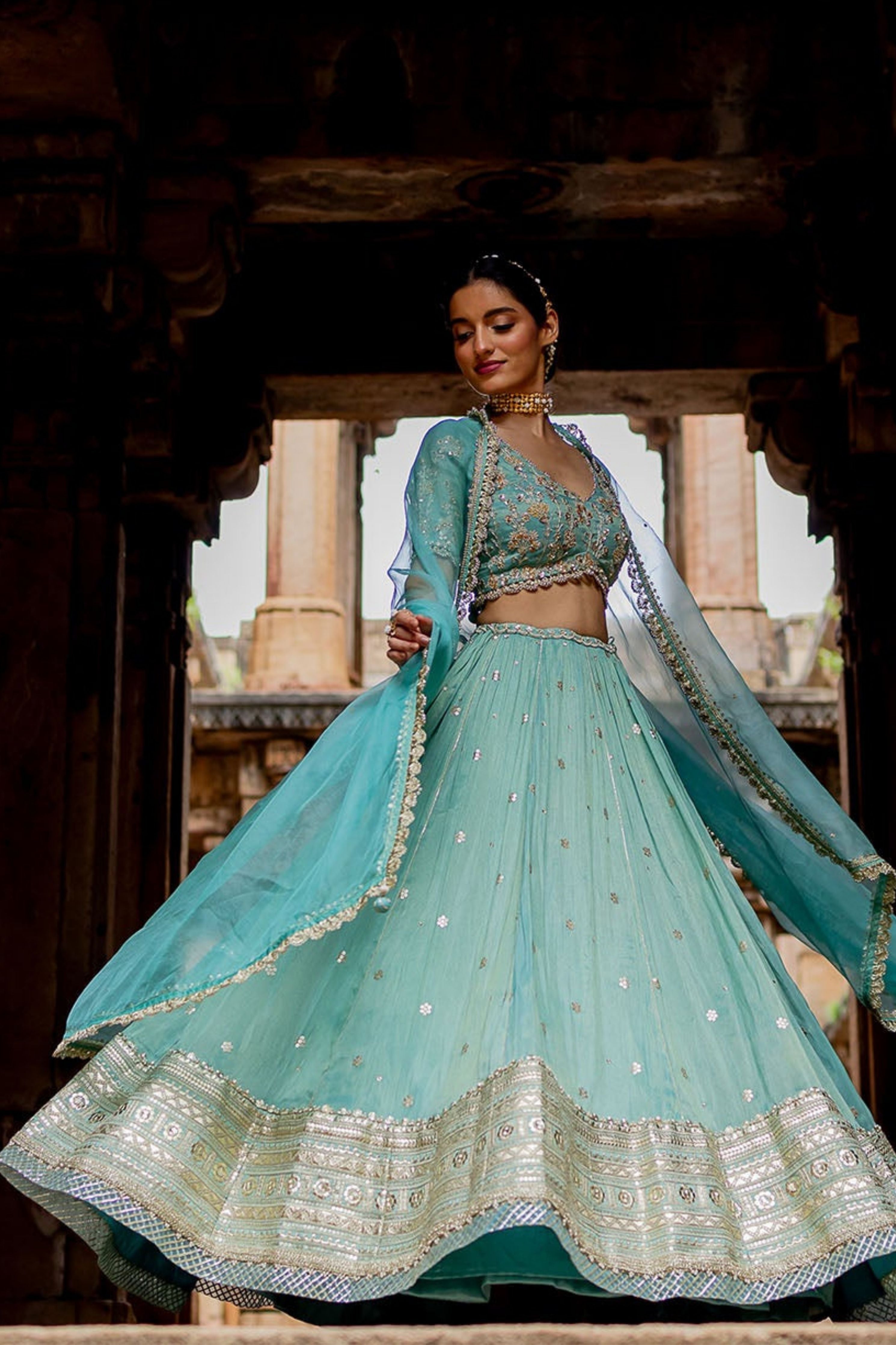 Sky Blue Tissue Embroidered Lehenga Set