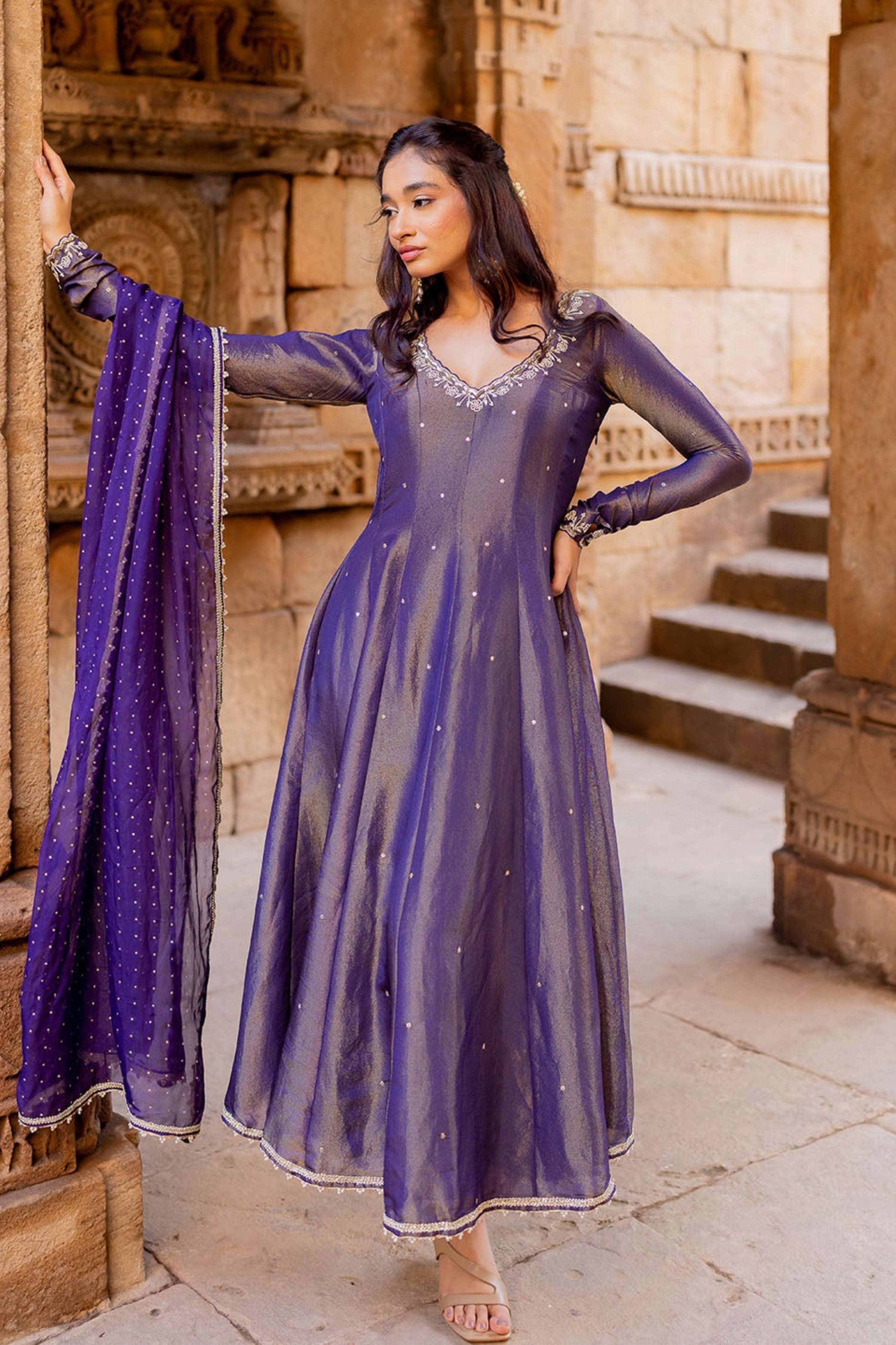 Royal Purple Tissue Embroidered Anarkali Set