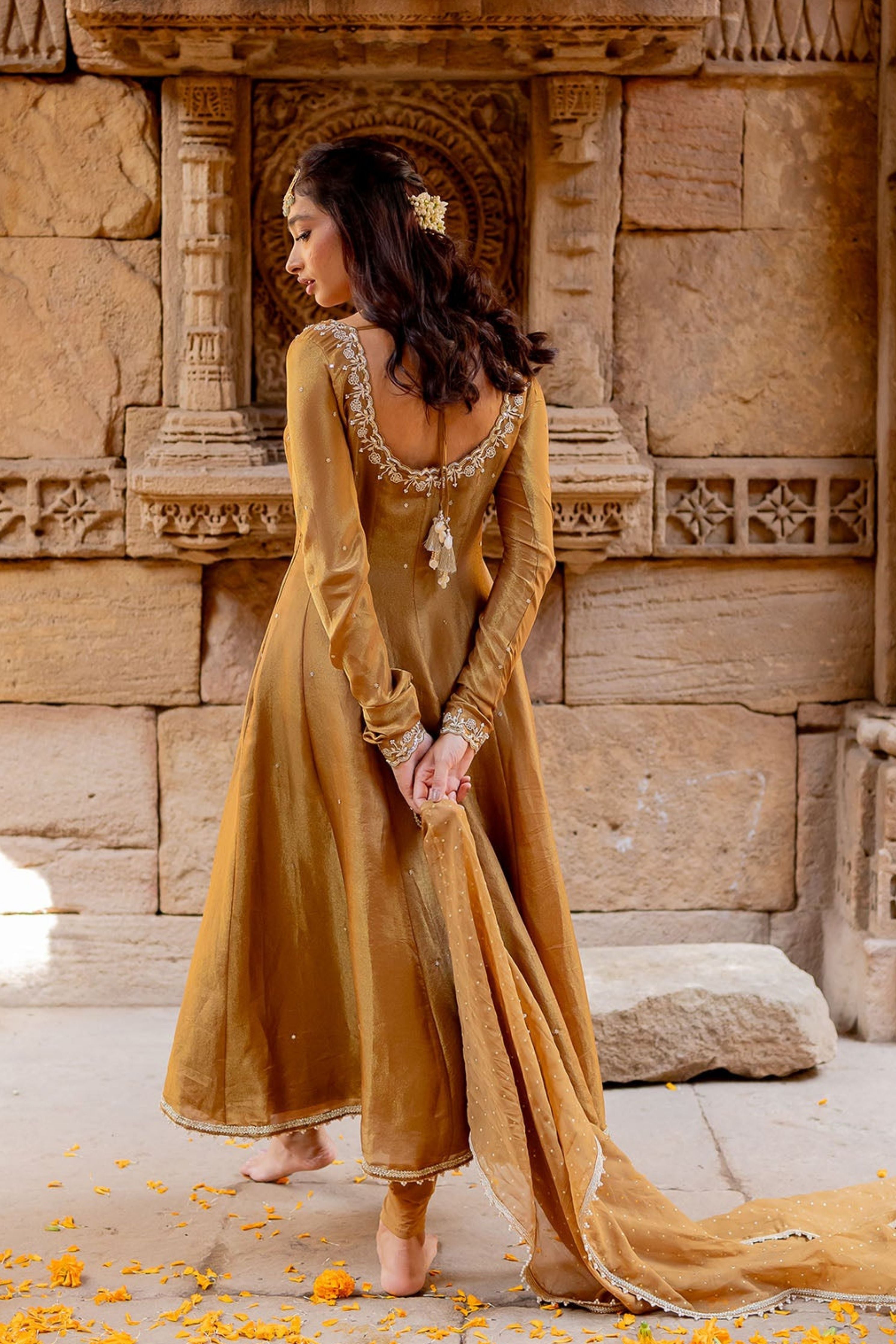 Mocha Tissue Embroidered Anarkali Set