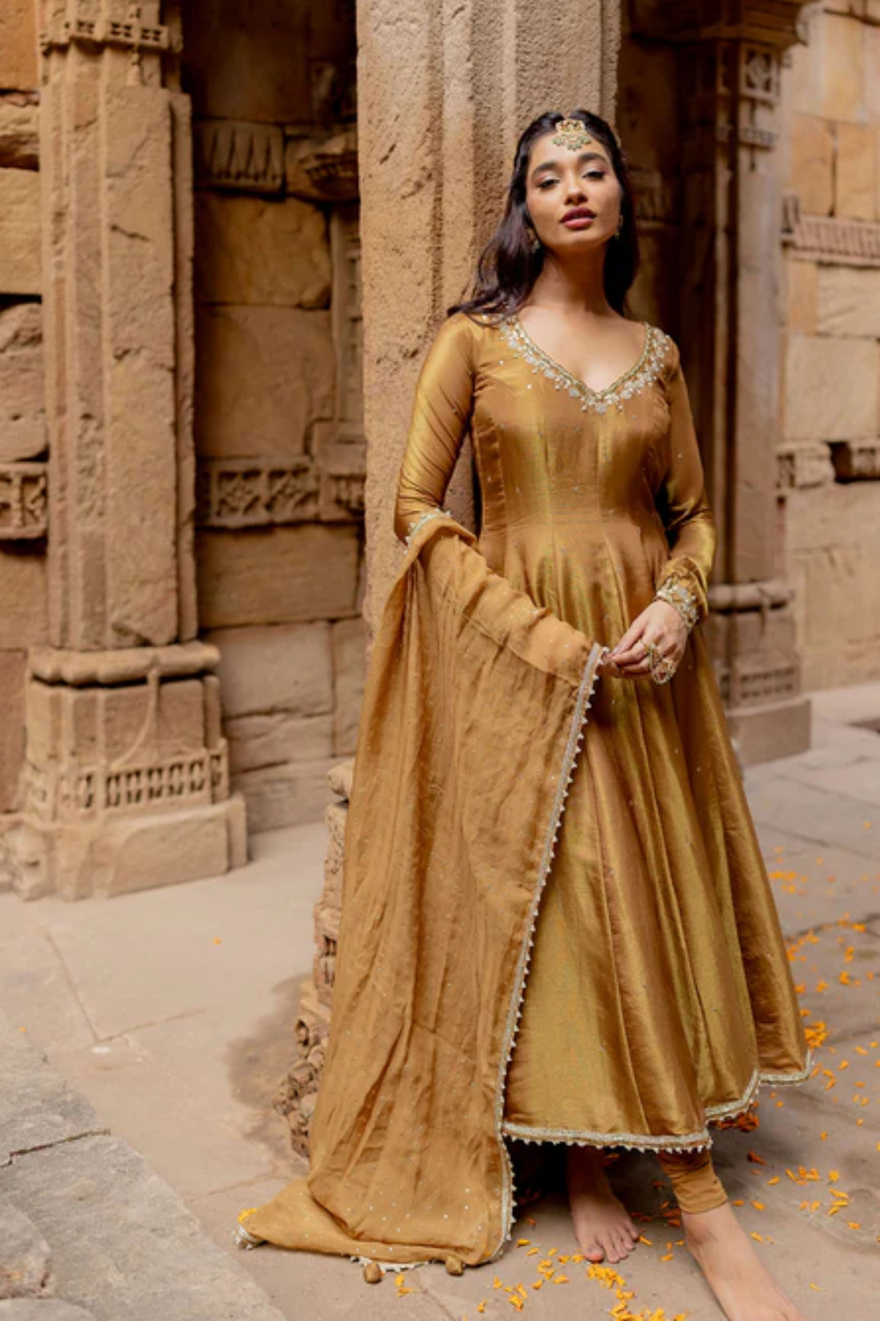 Mocha Tissue Embroidered Anarkali Set