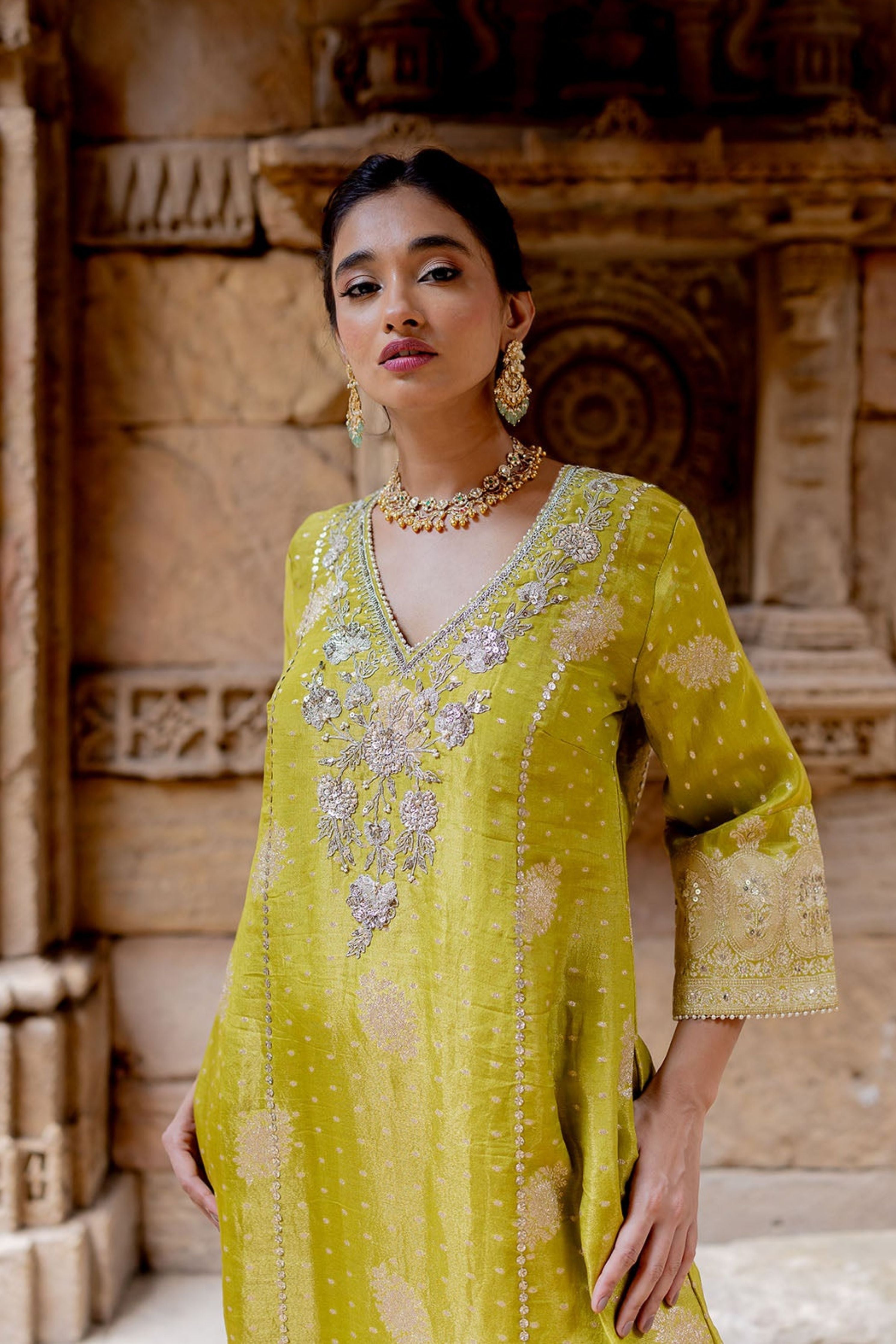 Lime Green Embroidered Tissue Kaftan