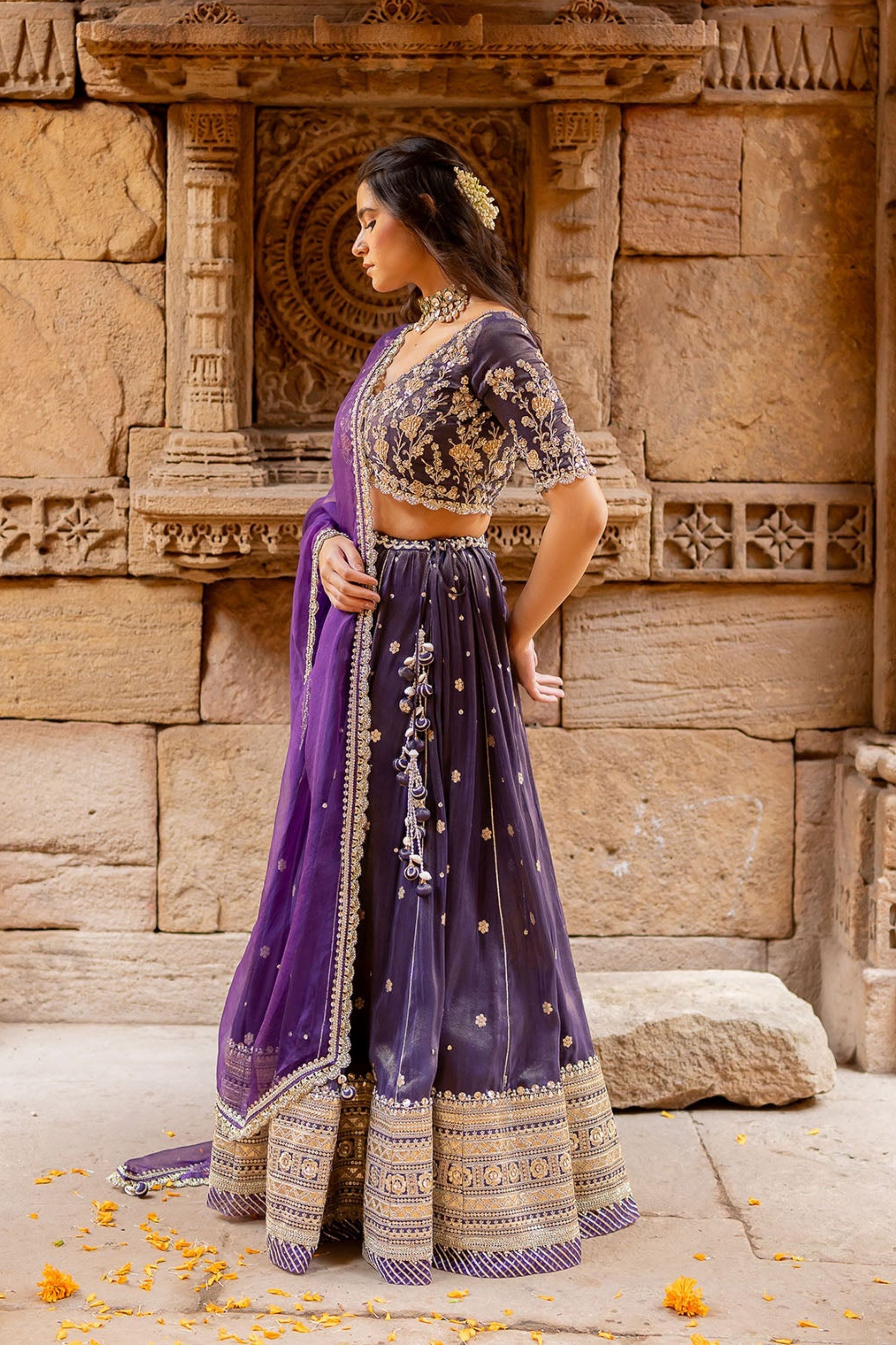 Royal Purple Tissue Embroidered Lehenga Set