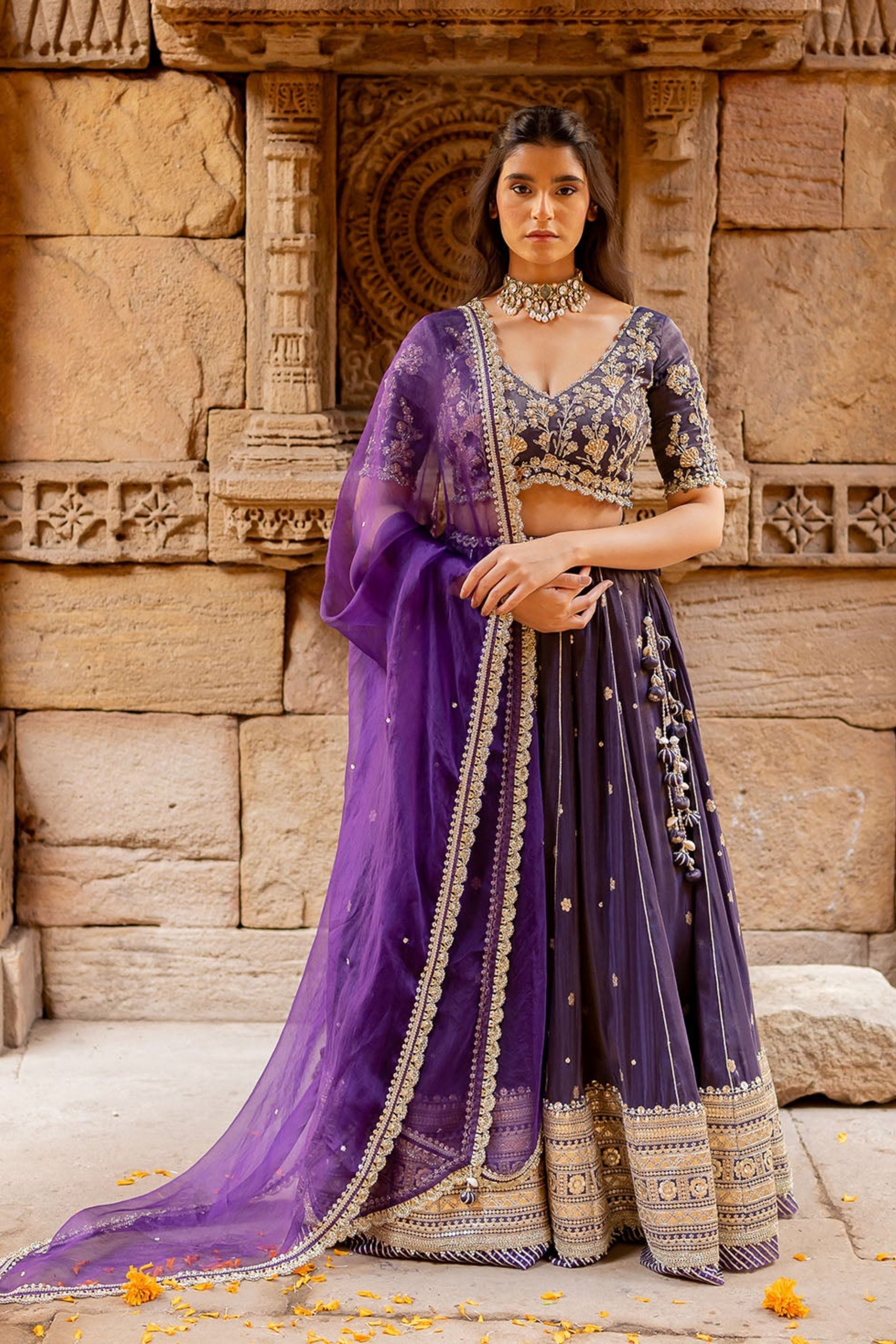 Royal Purple Tissue Embroidered Lehenga Set