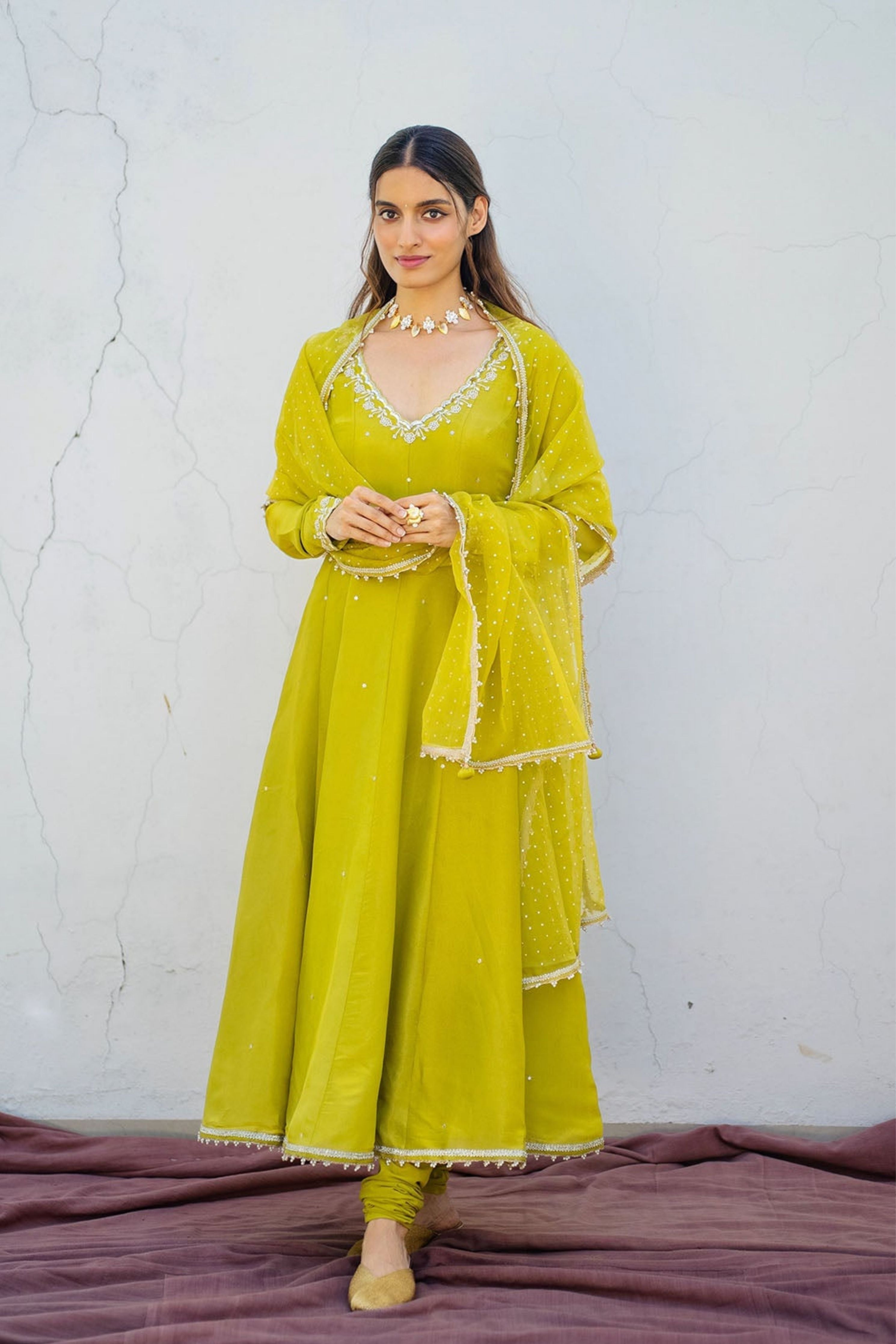 Lime Green Tissue Embroidered Anarkali Set