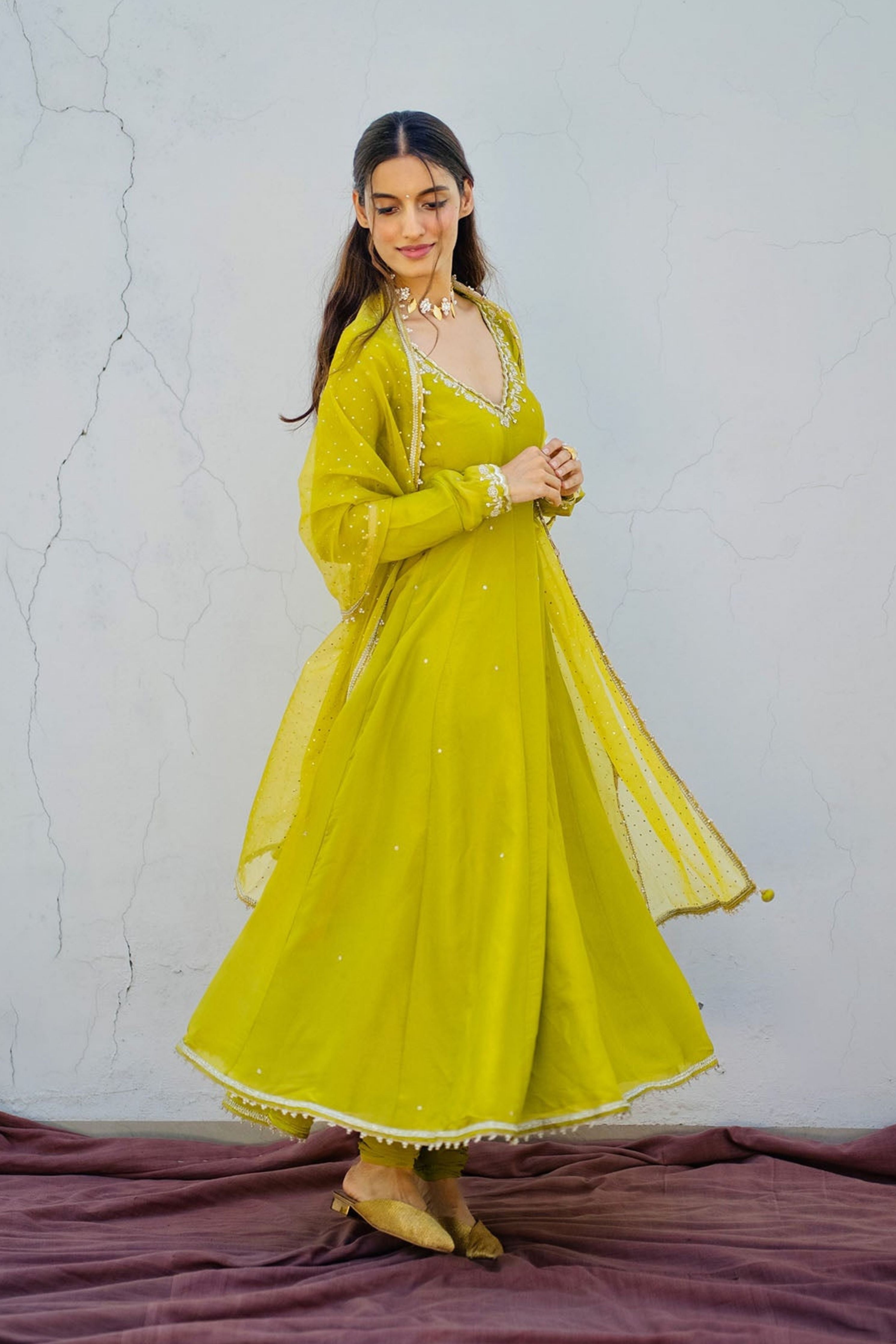 Lime Green Tissue Embroidered Anarkali Set