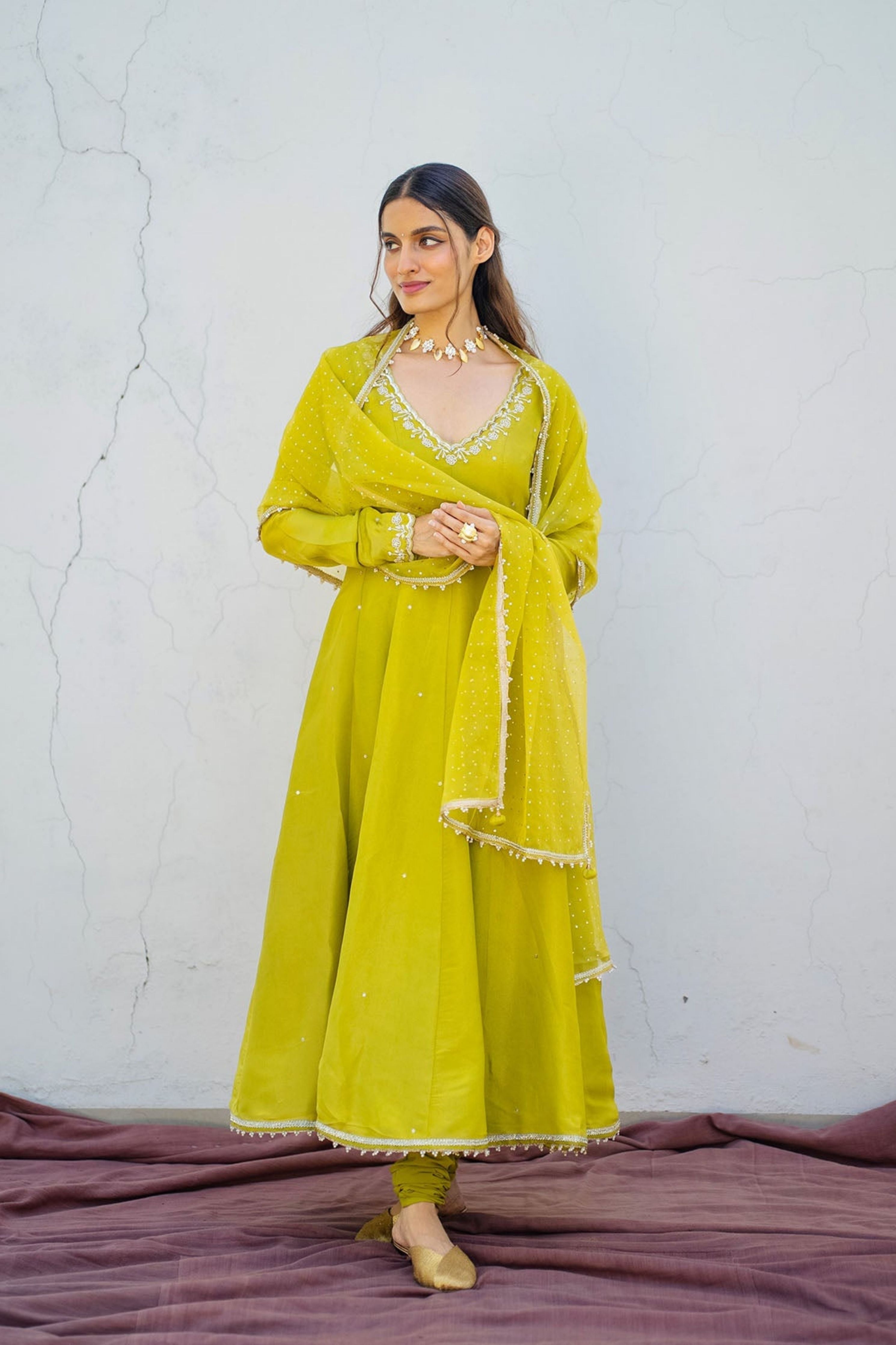Lime Green Tissue Embroidered Anarkali Set