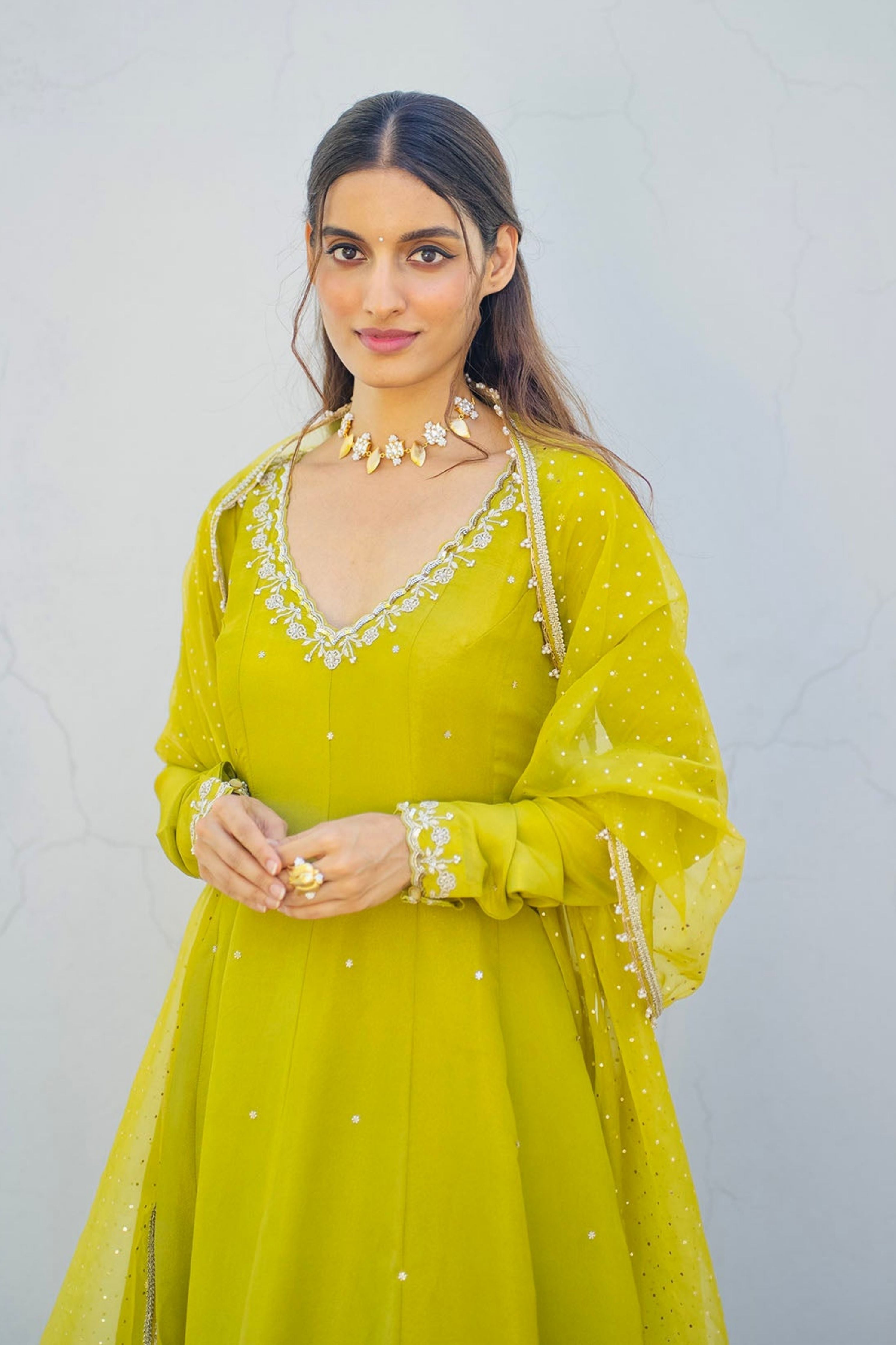 Lime Green Tissue Embroidered Anarkali Set