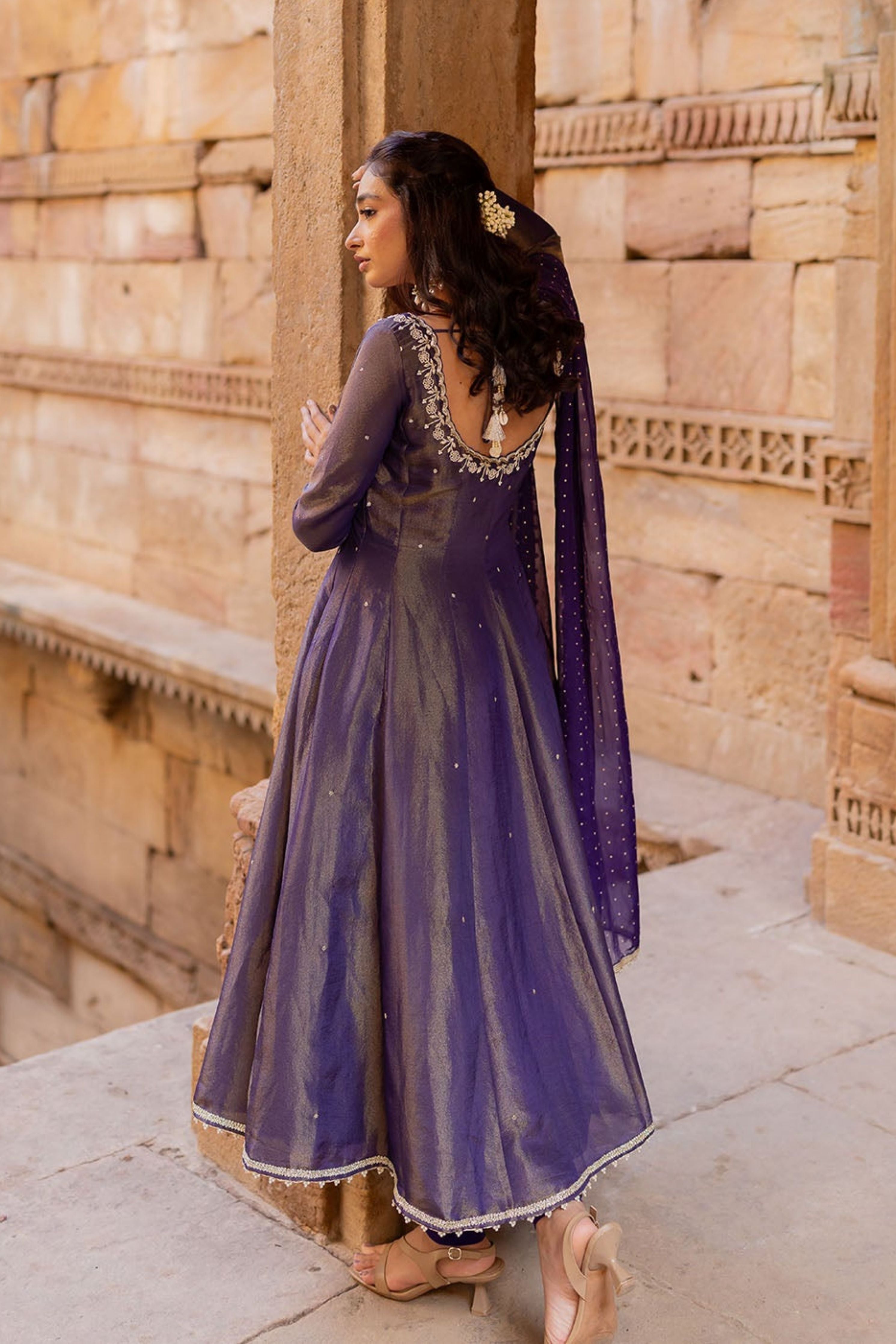 Royal Purple Tissue Embroidered Anarkali Set