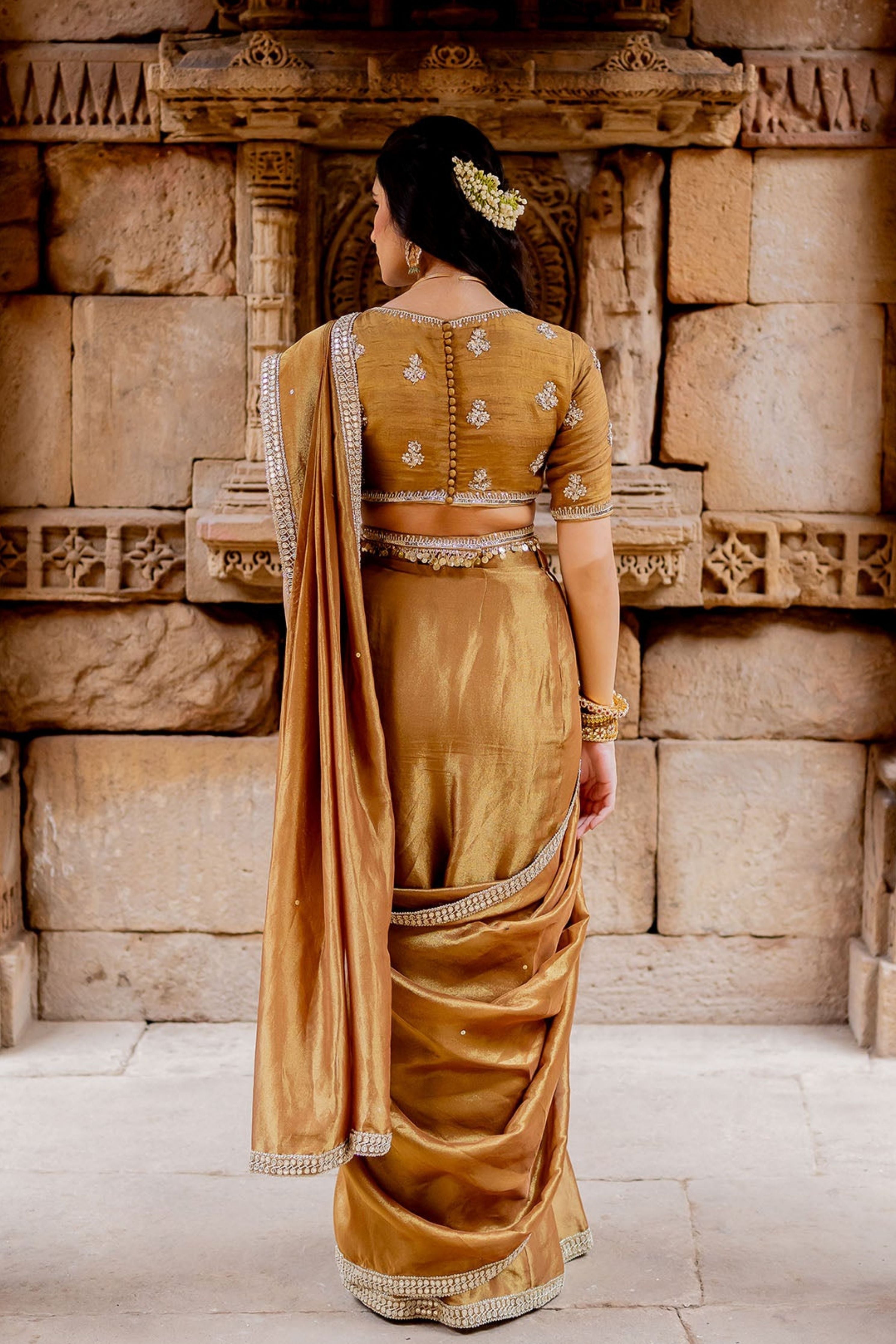 Mocha Embroidered Tissue Draped Saree Set